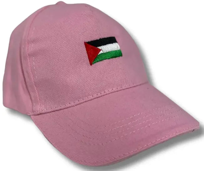 Pink embroidered Palestine flag hat with adjustable back strap by Palestinian Elegance