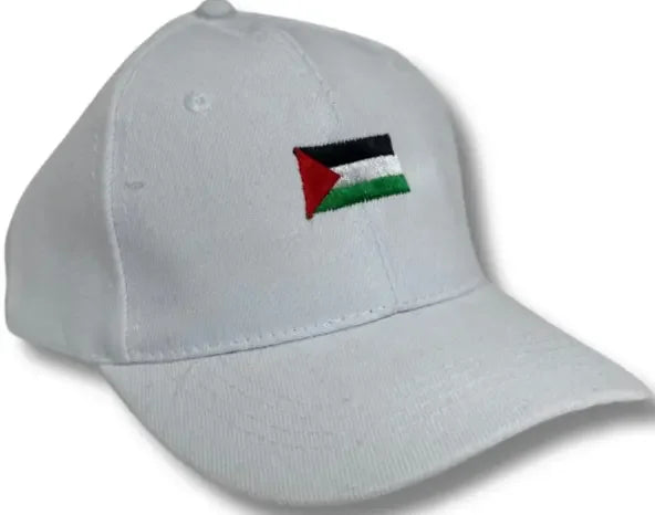 White embroidered Palestine flag hat by Palestinian Elegance with detailed stitching and adjustable fit