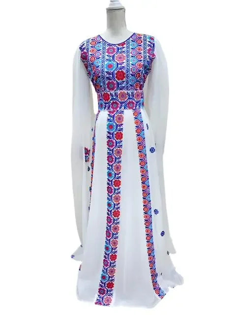 White embroidered Palestinian dress with vibrant floral embroidery on bodice and vertical stripes
