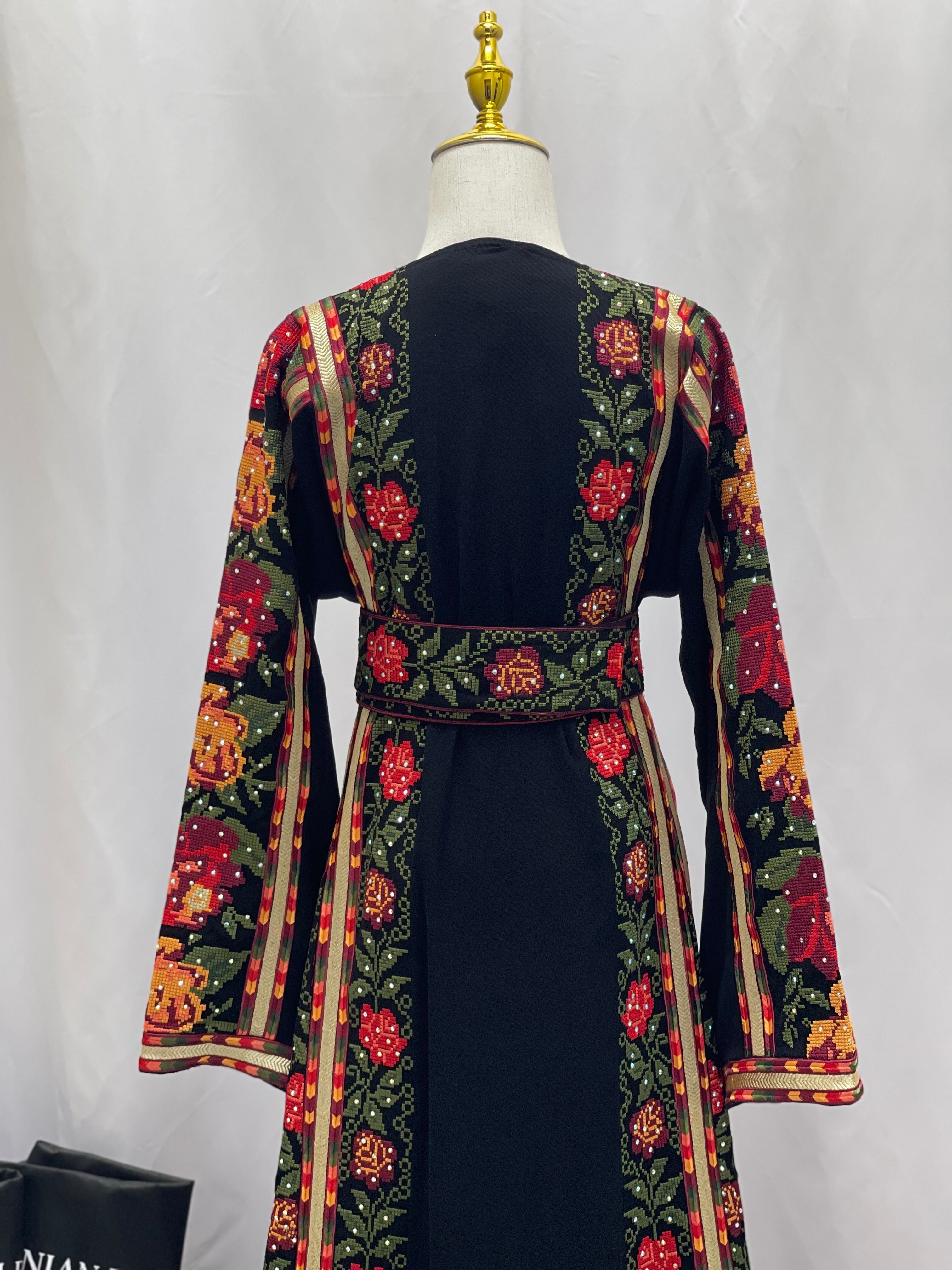 Roses Embroidered Thoub Black Palestinian Elegance