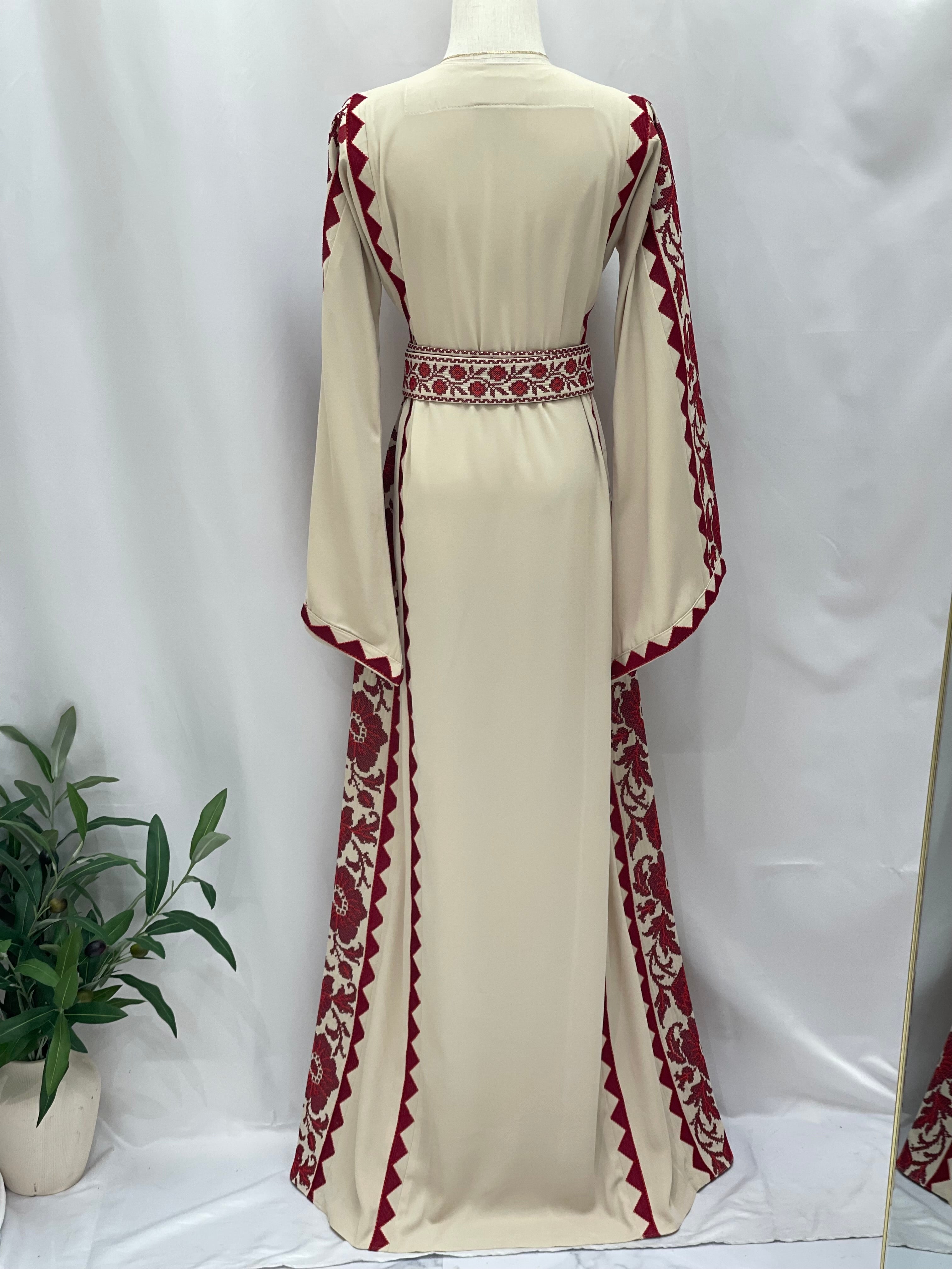 Stylish Embroidered Thoub with Dual-Style Belt: Elegance and Versatility Palestinian Elegance