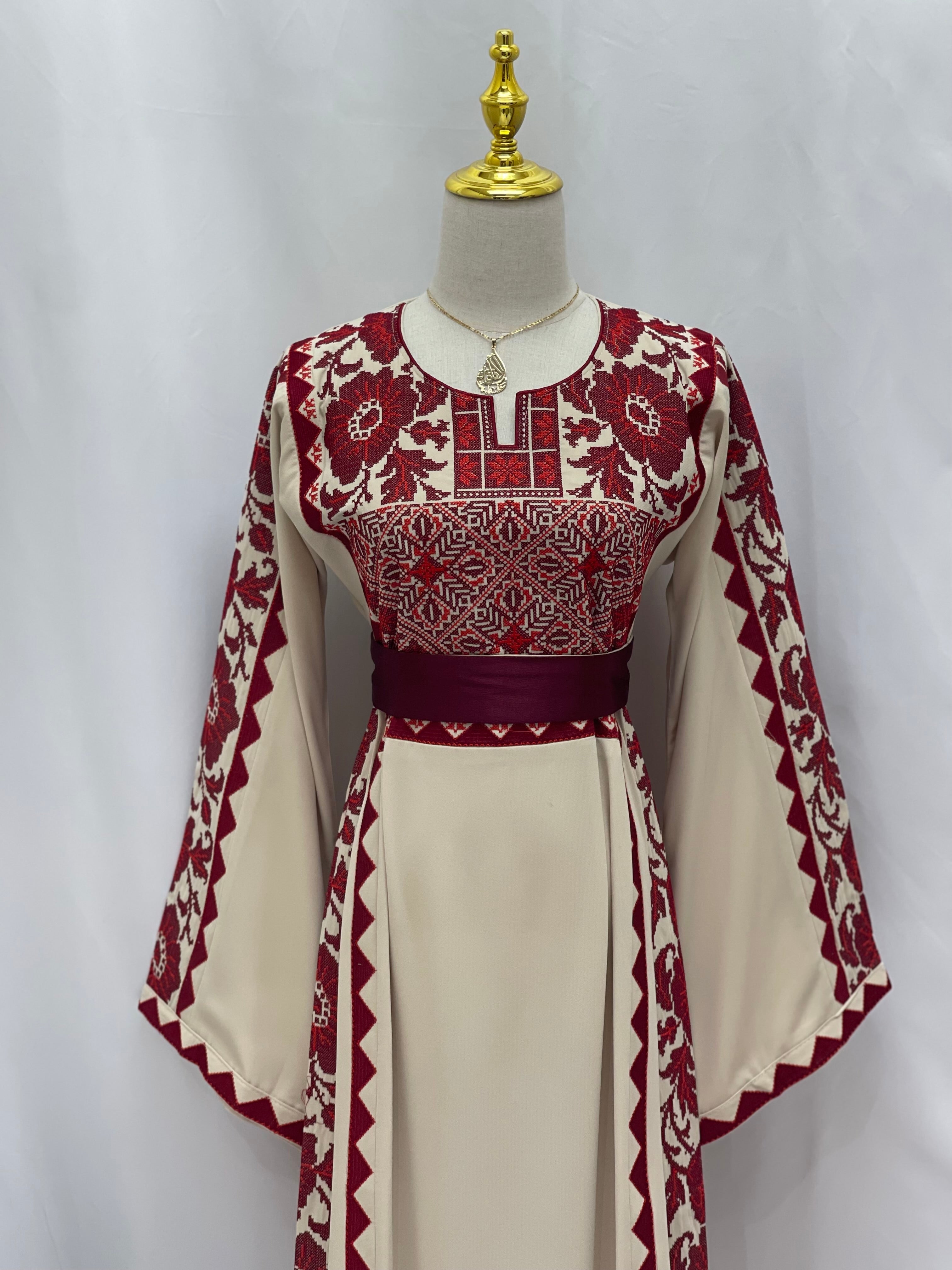 Stylish Embroidered Thoub with Dual-Style Belt: Elegance and Versatility Palestinian Elegance