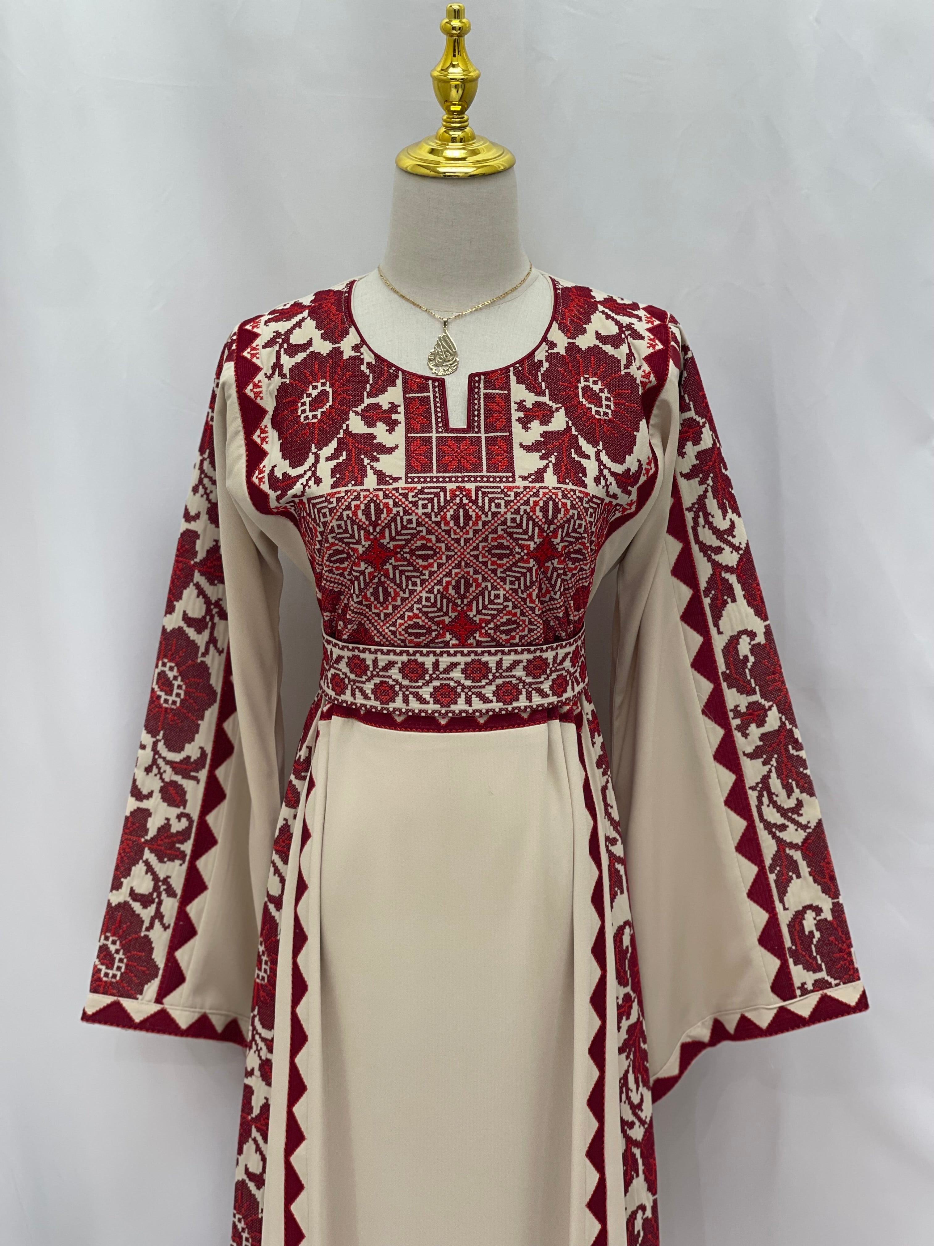 Stylish Embroidered Thoub with Dual-Style Belt: Elegance and Versatility Palestinian Elegance