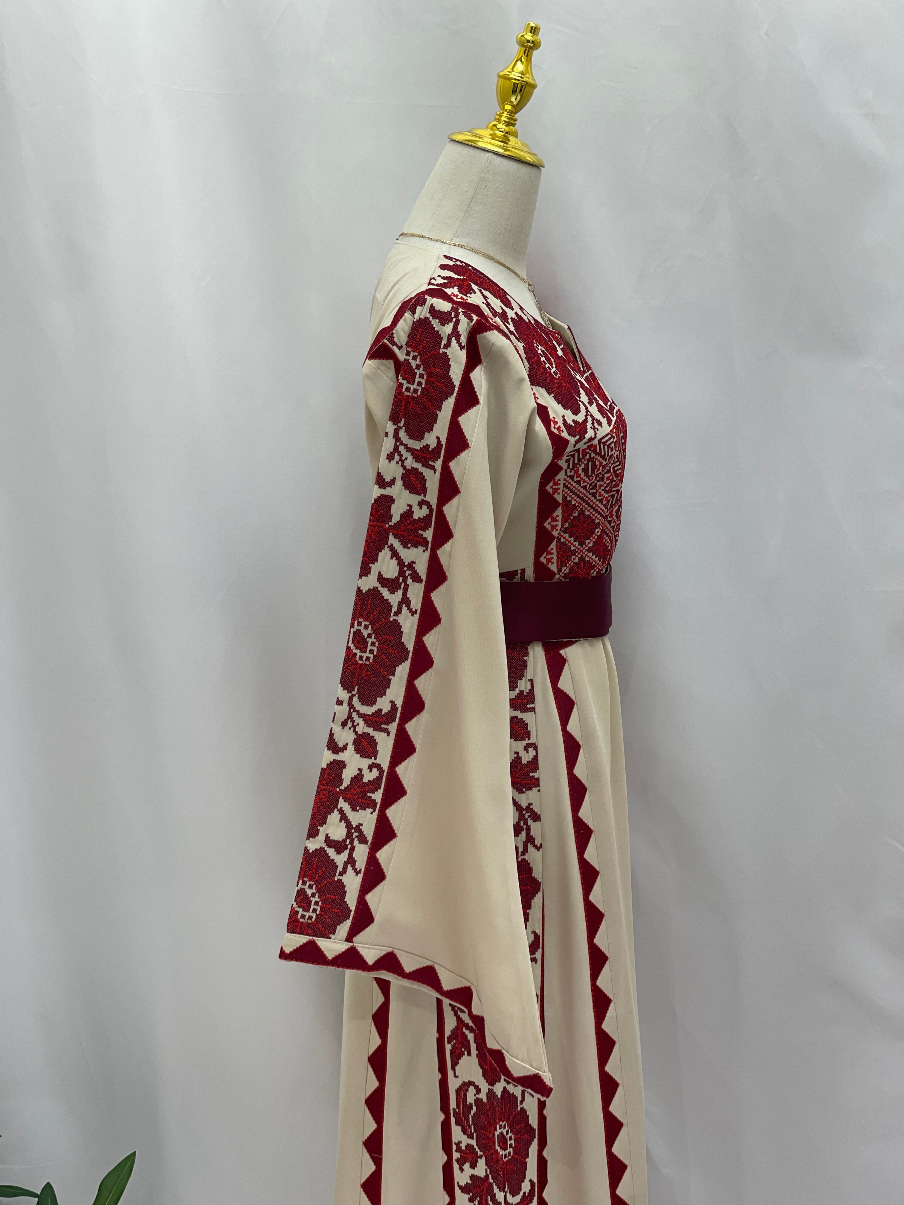 Stylish Embroidered Thoub with Dual-Style Belt: Elegance and Versatility Palestinian Elegance