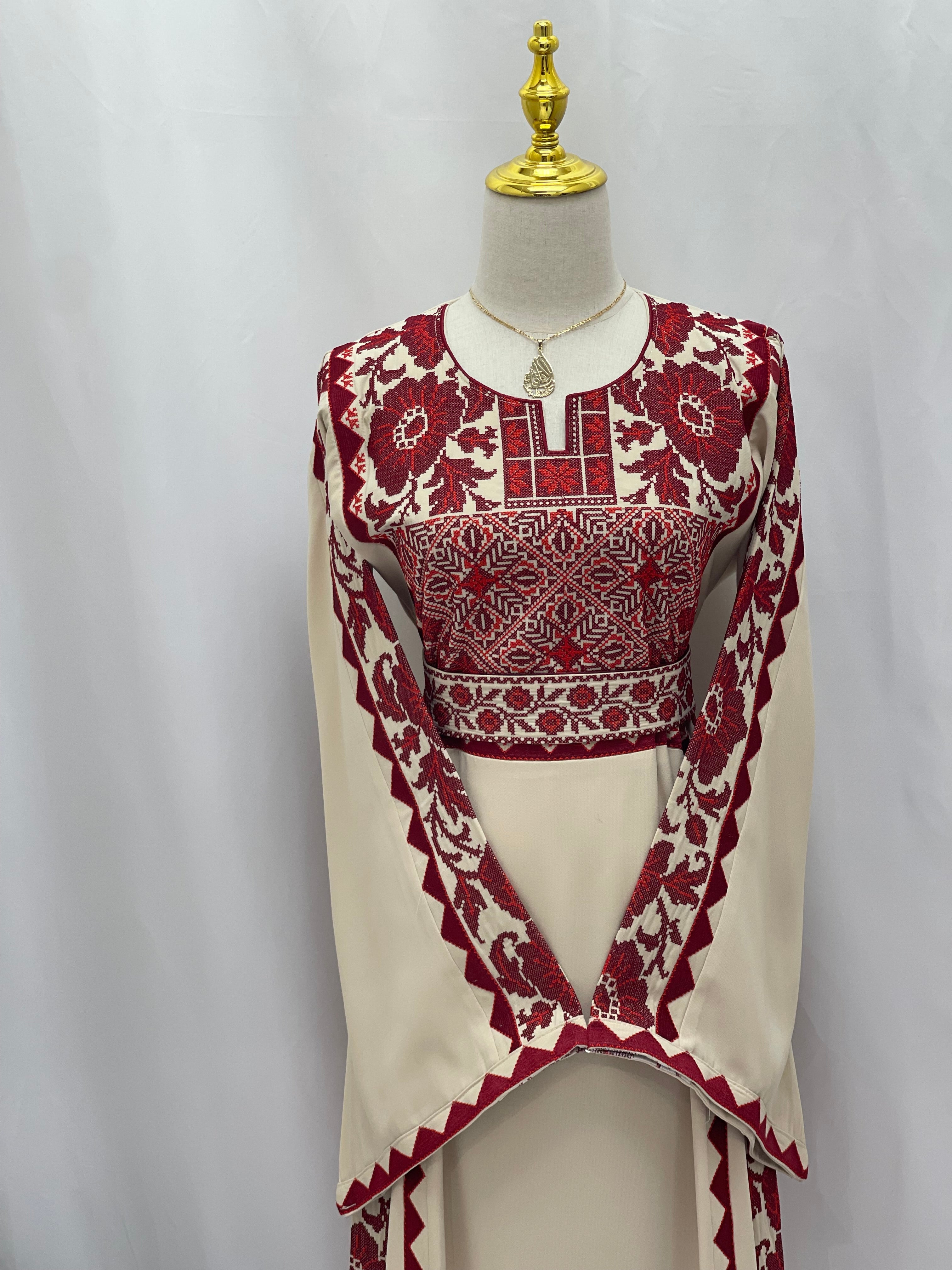 Stylish Embroidered Thoub with Dual-Style Belt: Elegance and Versatility Palestinian Elegance
