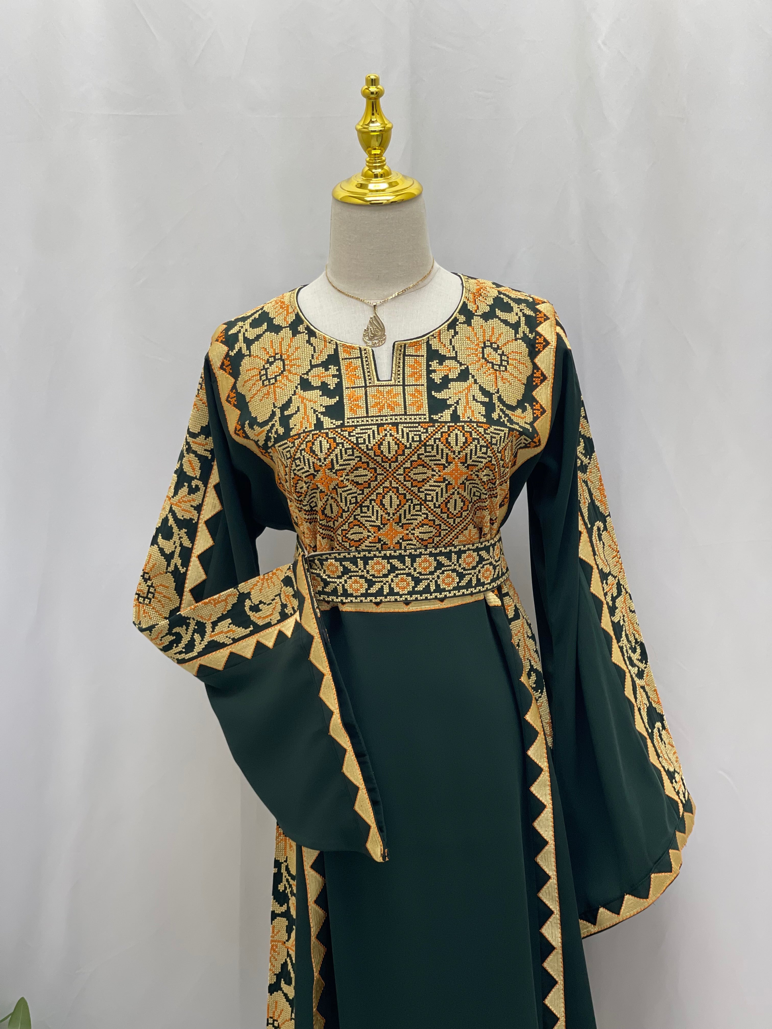 Stylish Embroidered Thoub with Dual-Style Belt: Elegance and Versatility Palestinian Elegance