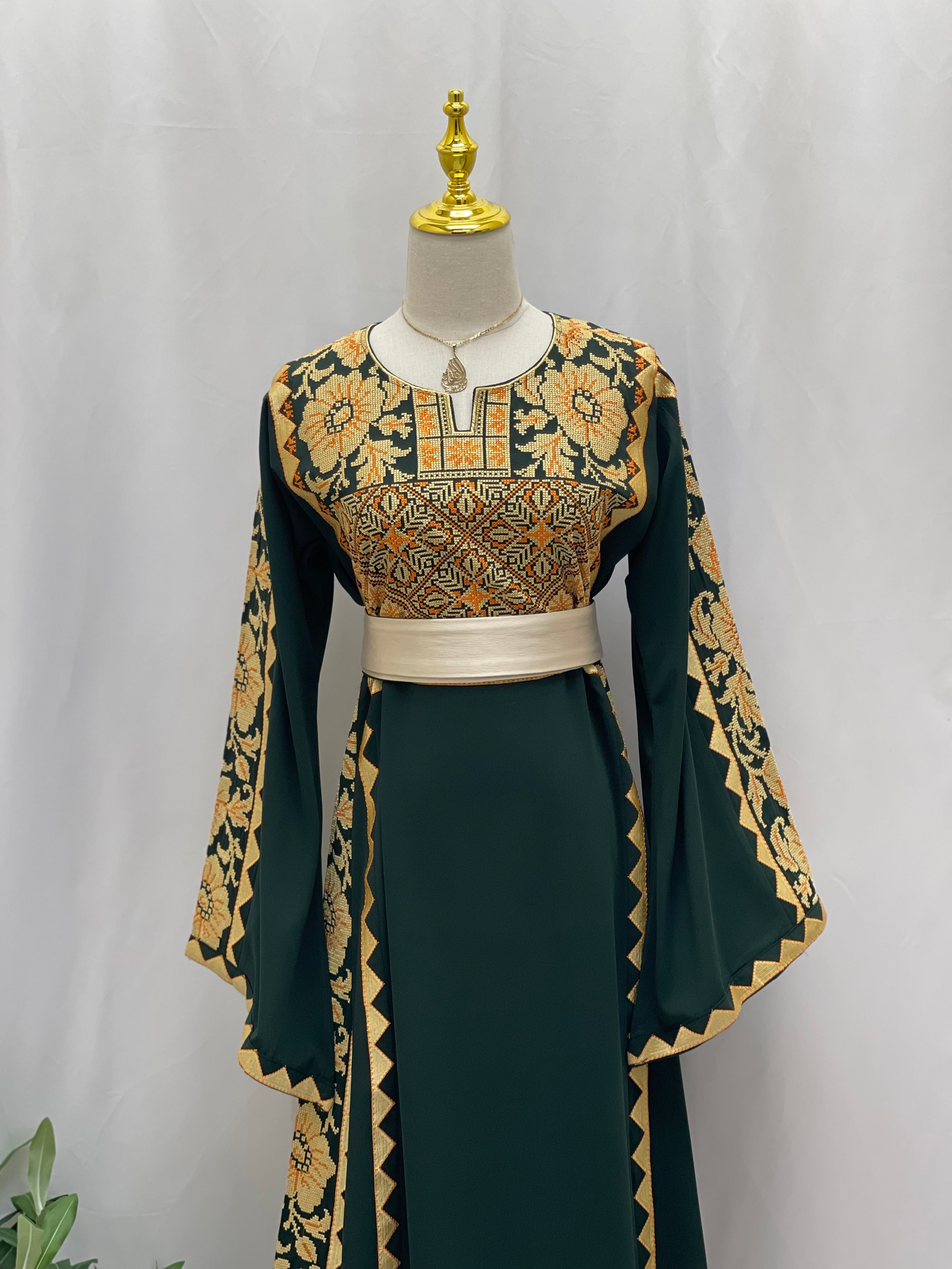 Stylish Embroidered Thoub with Dual-Style Belt: Elegance and Versatility Palestinian Elegance