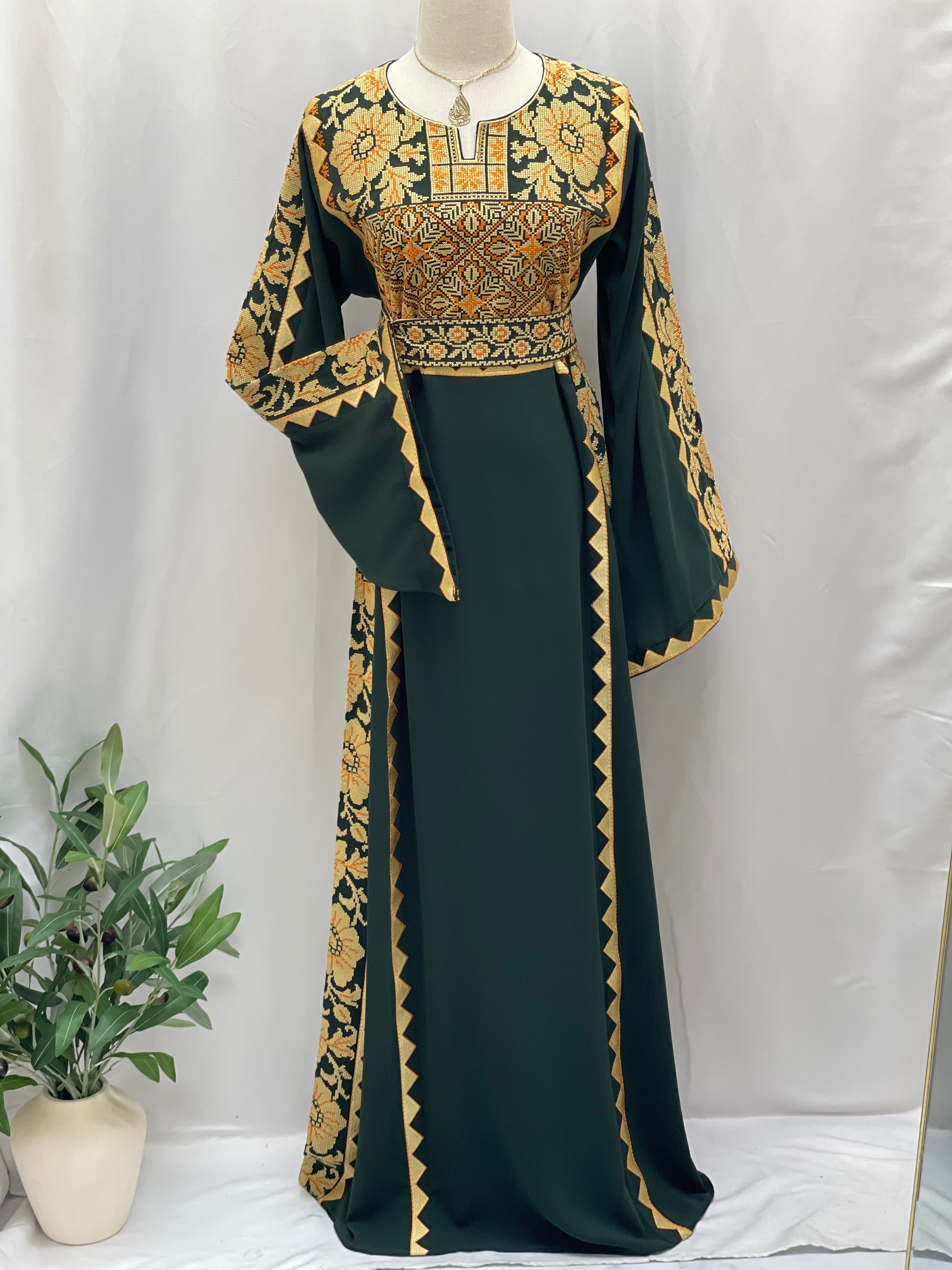 Stylish Embroidered Thoub with Dual-Style Belt: Elegance and Versatility Palestinian Elegance