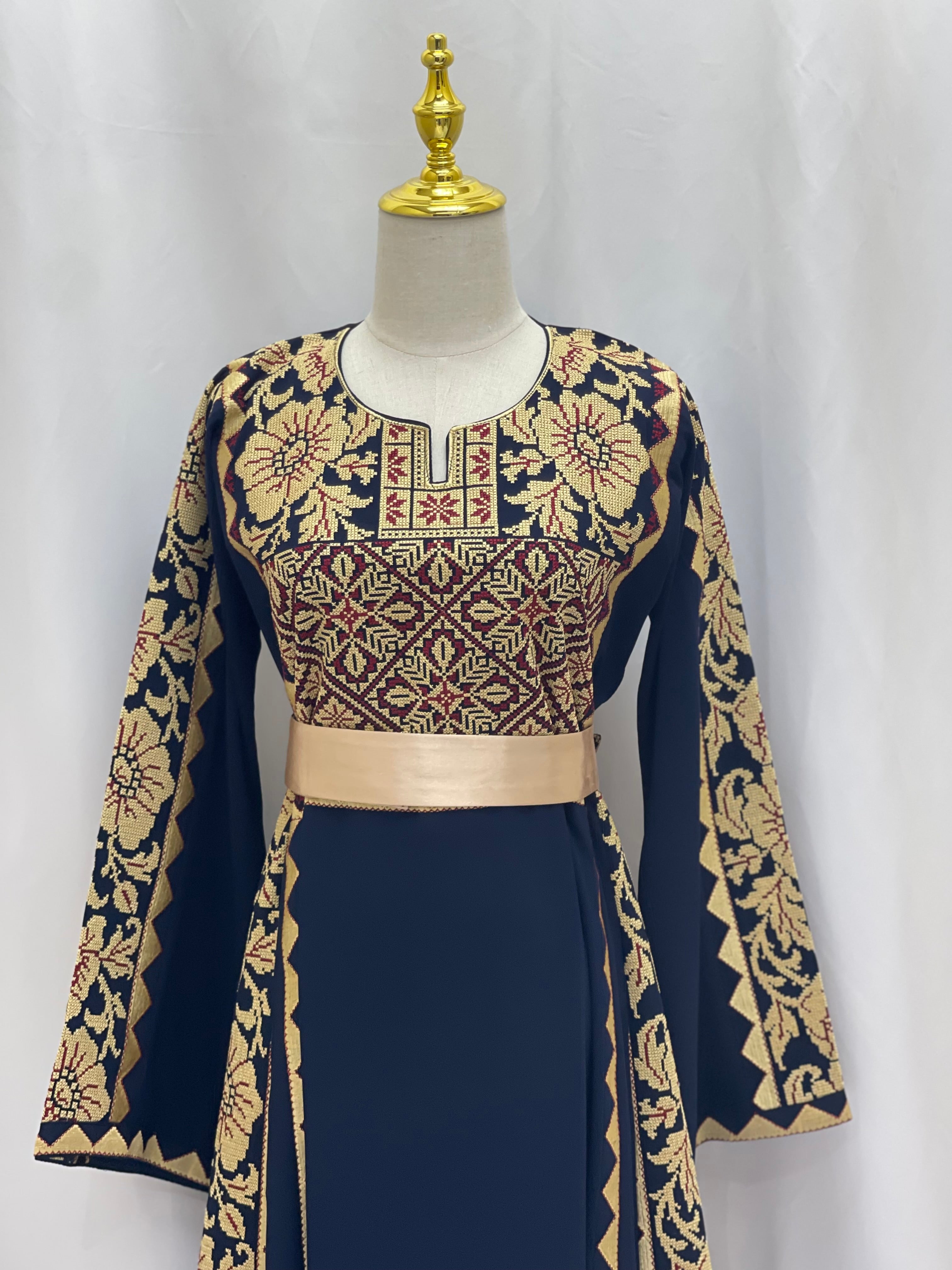 Stylish Embroidered Thoub with Dual-Style Belt: Elegance and Versatility Palestinian Elegance