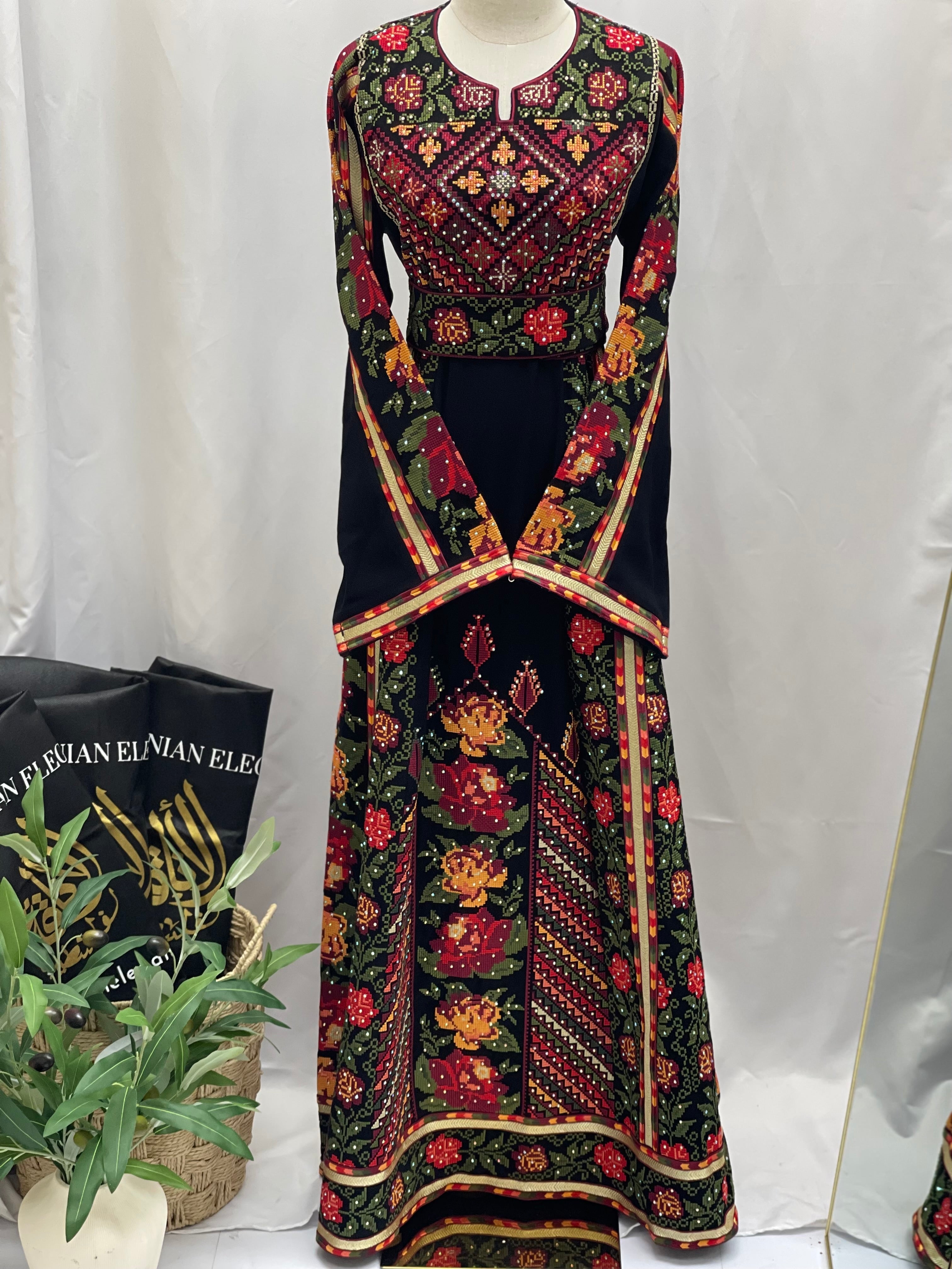 Roses Embroidered Thoub Black Palestinian Elegance