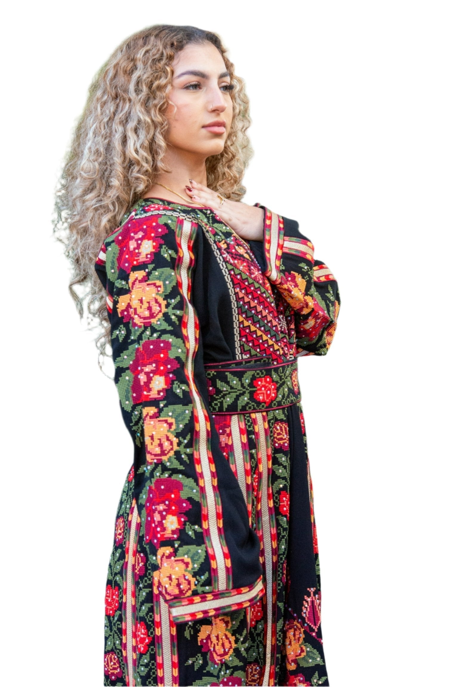 Roses Embroidered Thoub Black Palestinian Elegance
