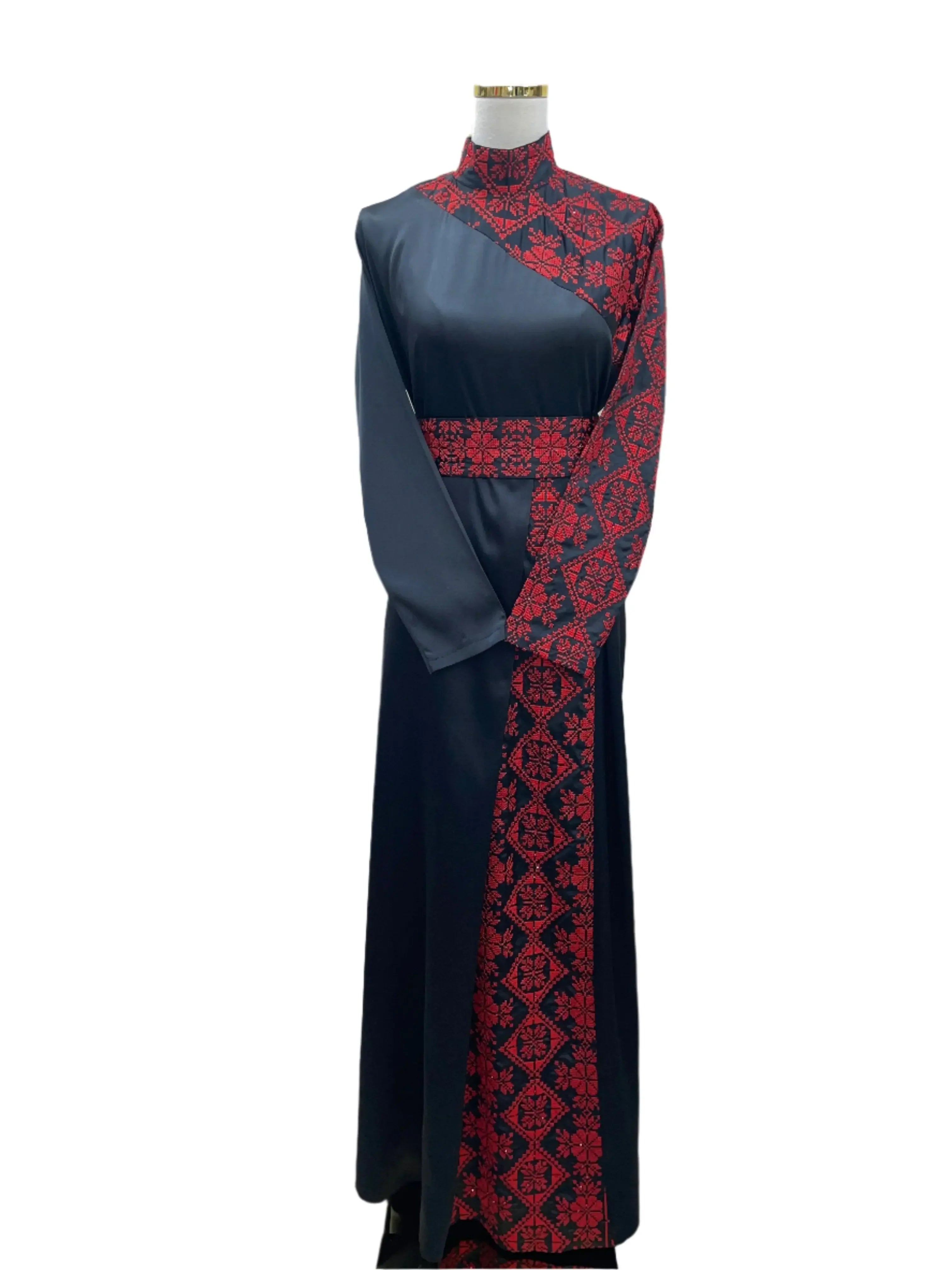 Palestinian Elegance embroidered satin dress with black fabric and red traditional embroidery details