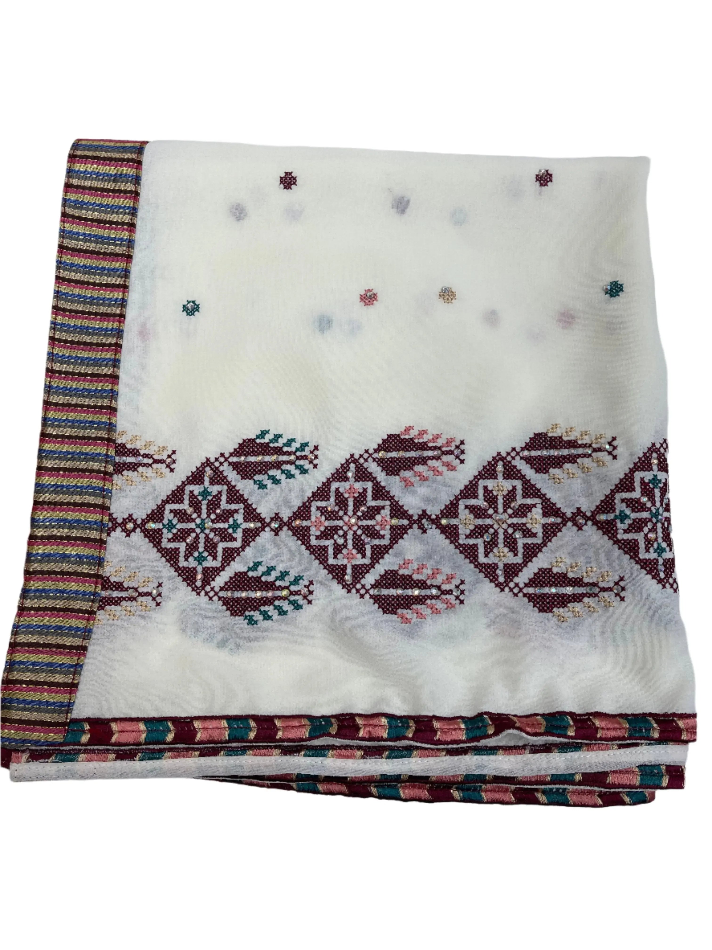 Palestinian Elegance embroidered saya khirka shawl with intricate traditional patterns on white fabric