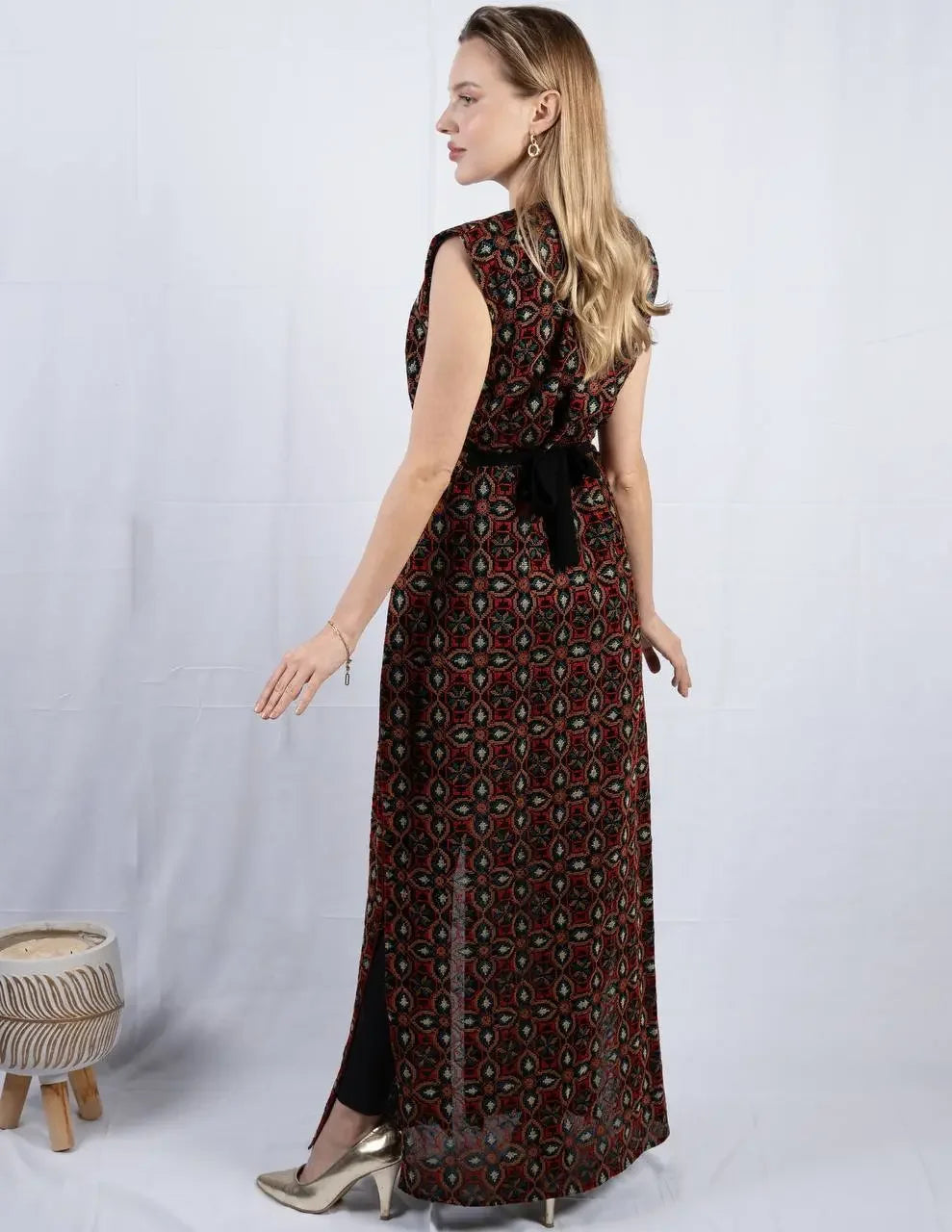 Palestinian Elegance embroidered sleeveless cardigan long casual dress with intricate patterns