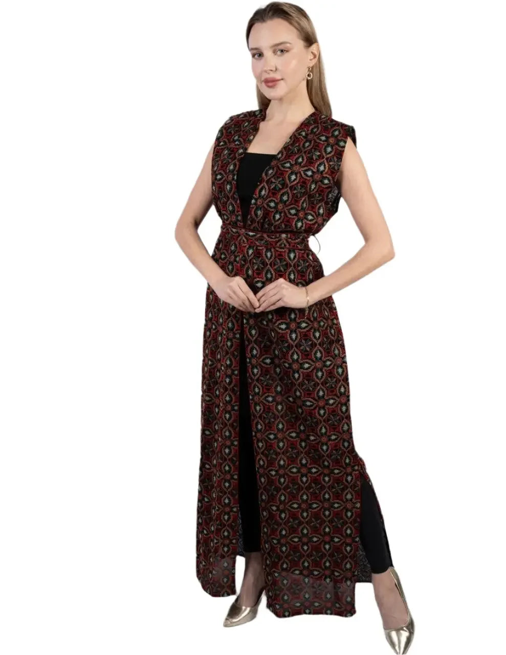Palestinian Elegance embroidered sleeveless cardigan in black and red geometric pattern with belt