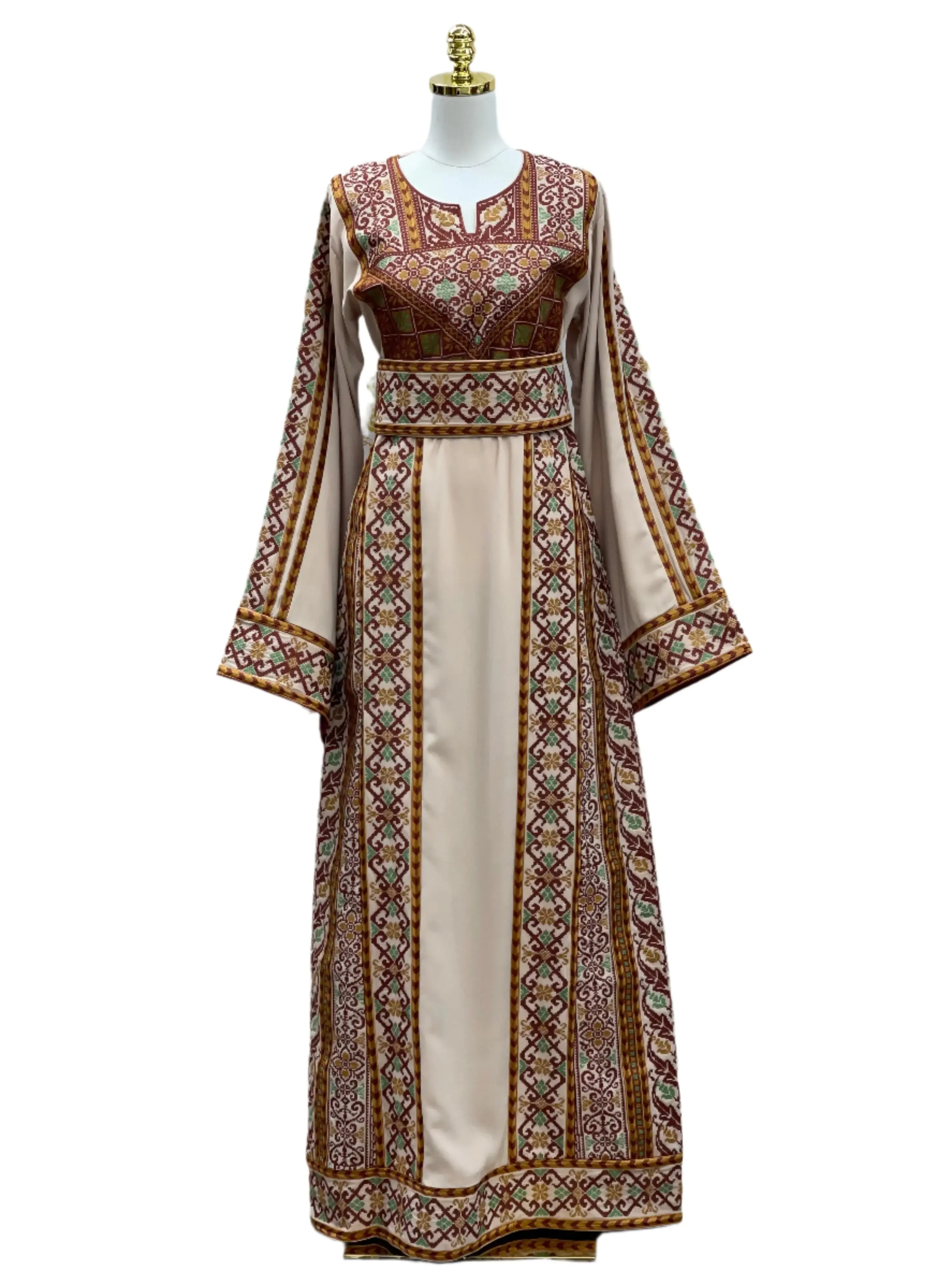 Palestinian Elegance embroidered thoub dress with intricate traditional patterns in red and beige tones