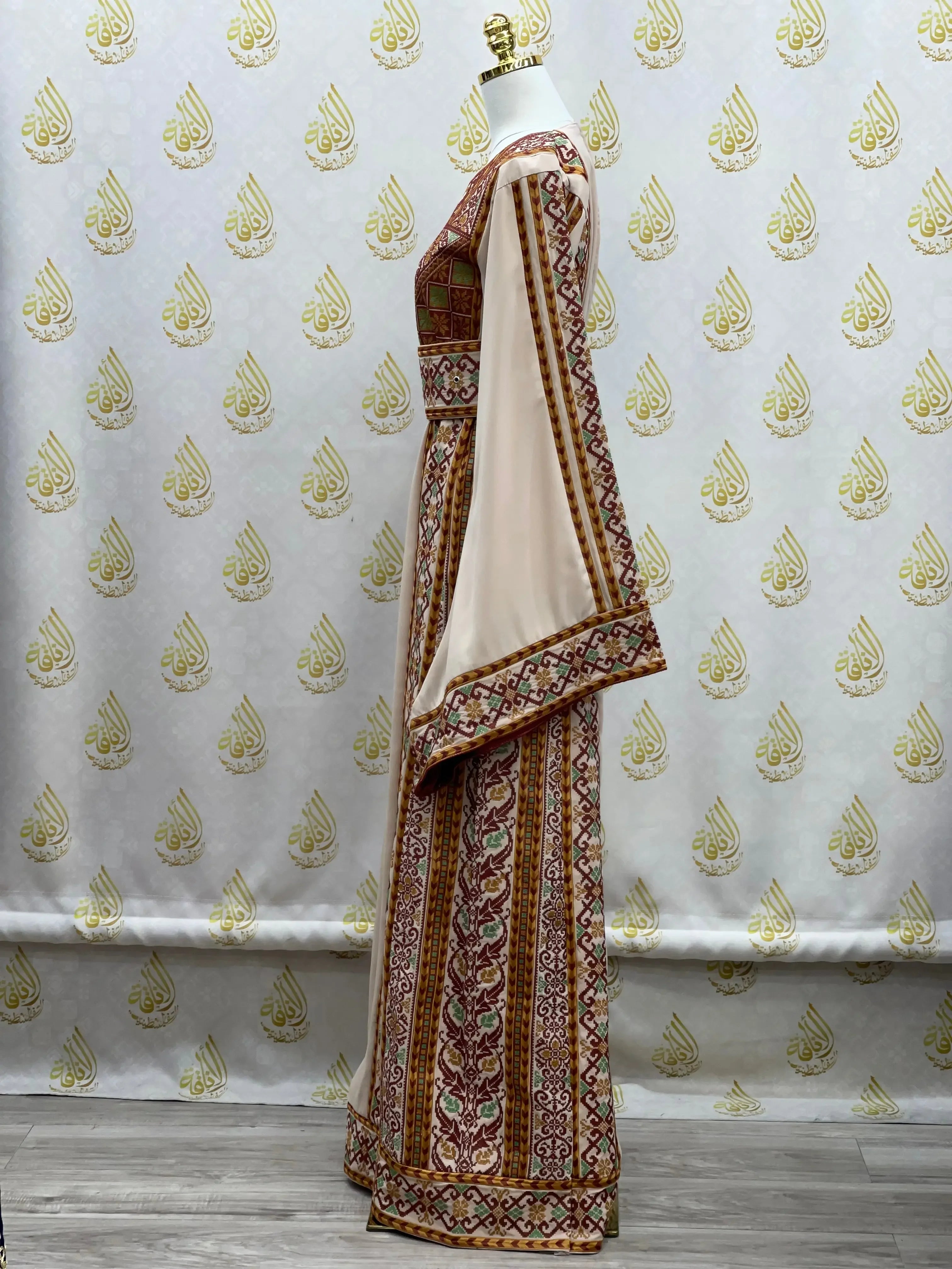 Palestinian Elegance embroidered thoub dress with intricate traditional embroidery and wide sleeves