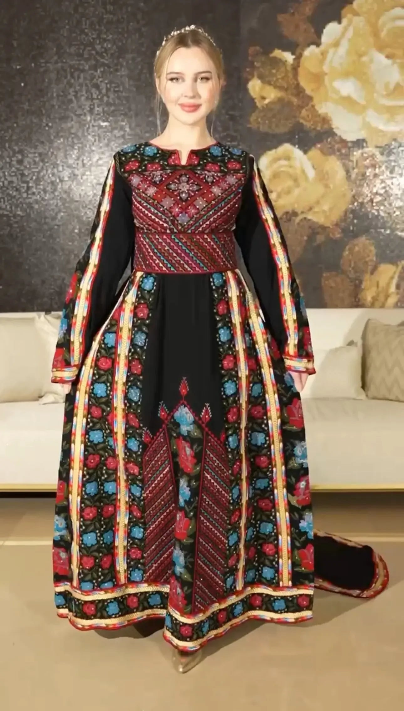 Palestinian Elegance embroidered thoub dress in black with colorful traditional embroidery details