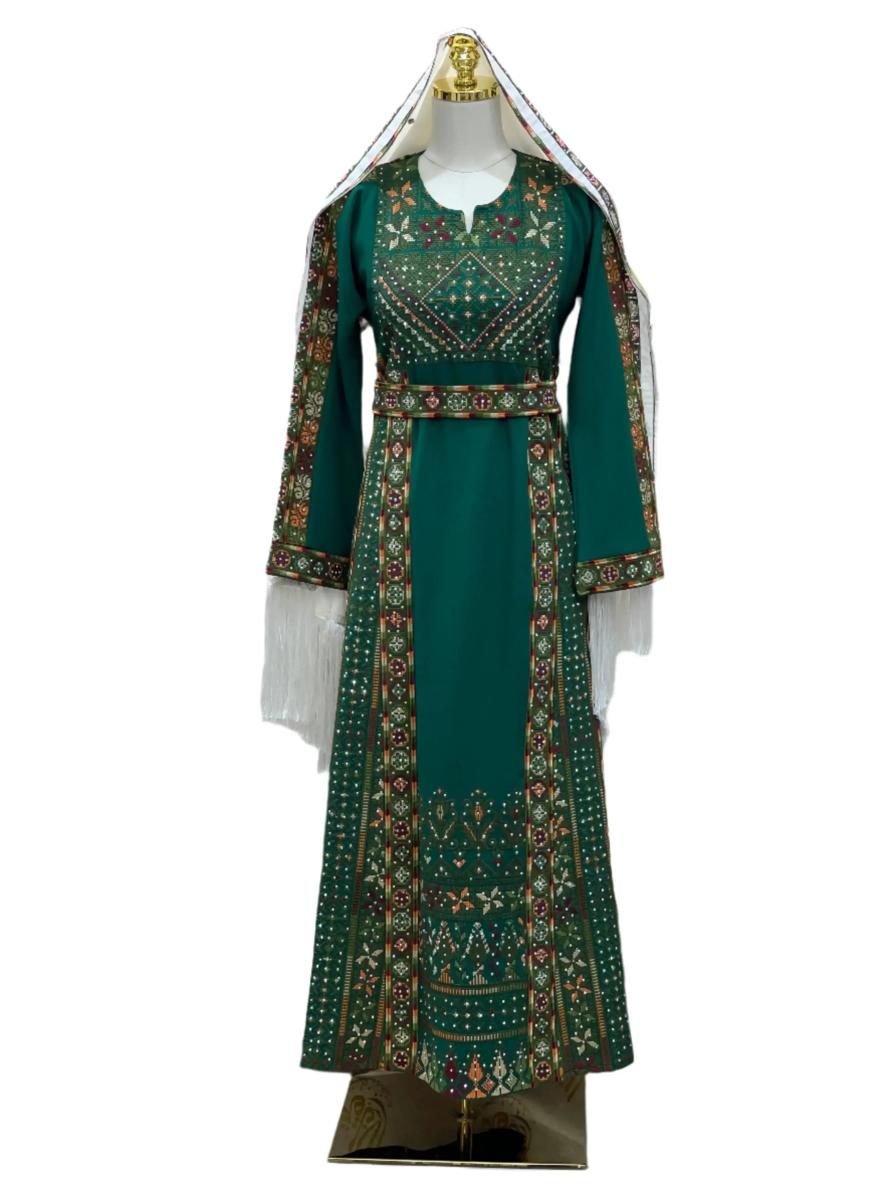 Green embroidered thoub for girls with intricate traditional Palestinian designs and matching headscarf