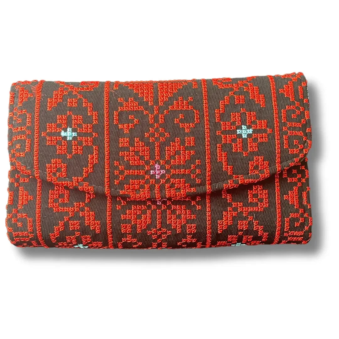 Palestinian Elegance embroidered wallet for women with intricate red and brown traditional patterns