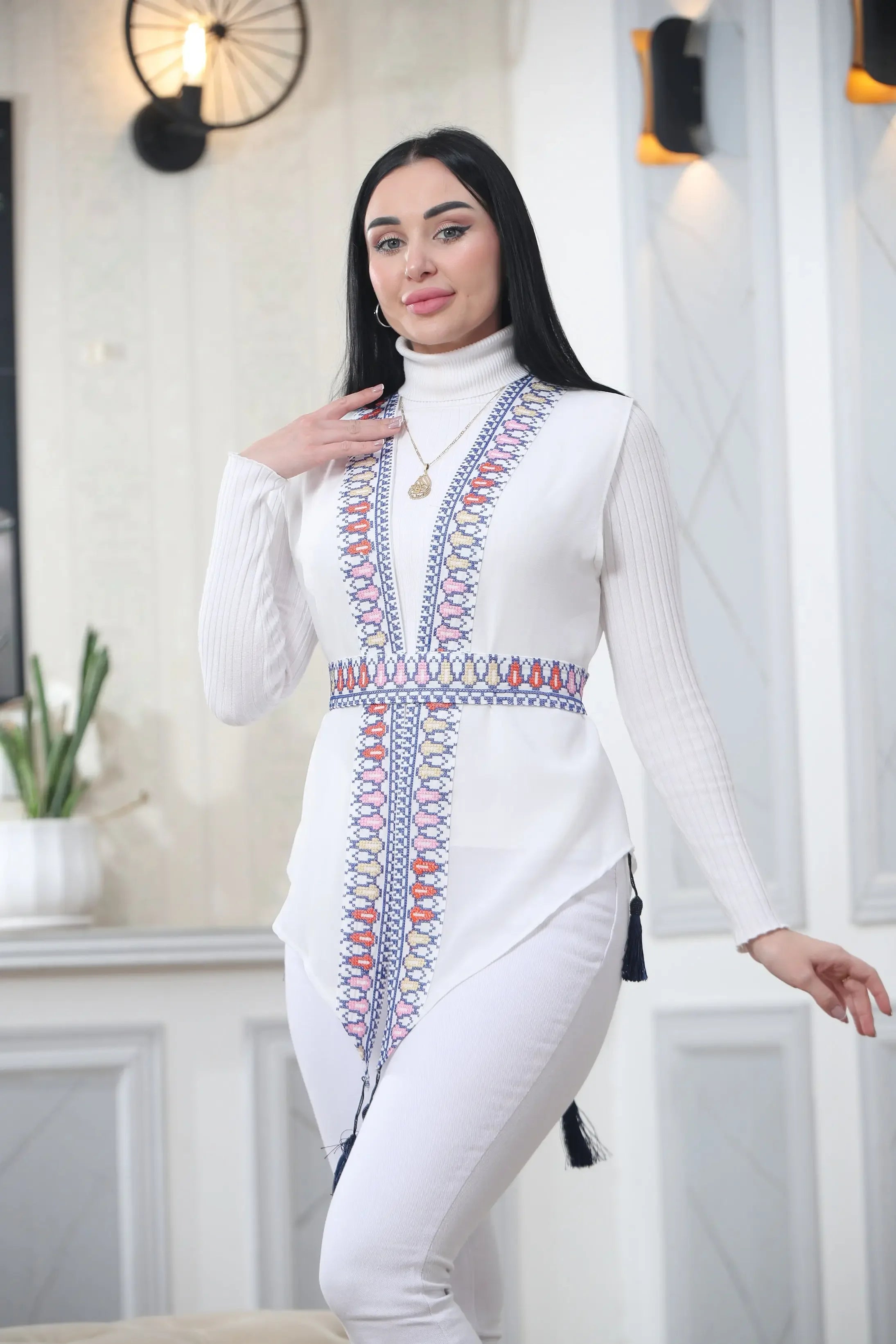 White Chiffon Vest Colorful Embroidered Palestinian Elegance