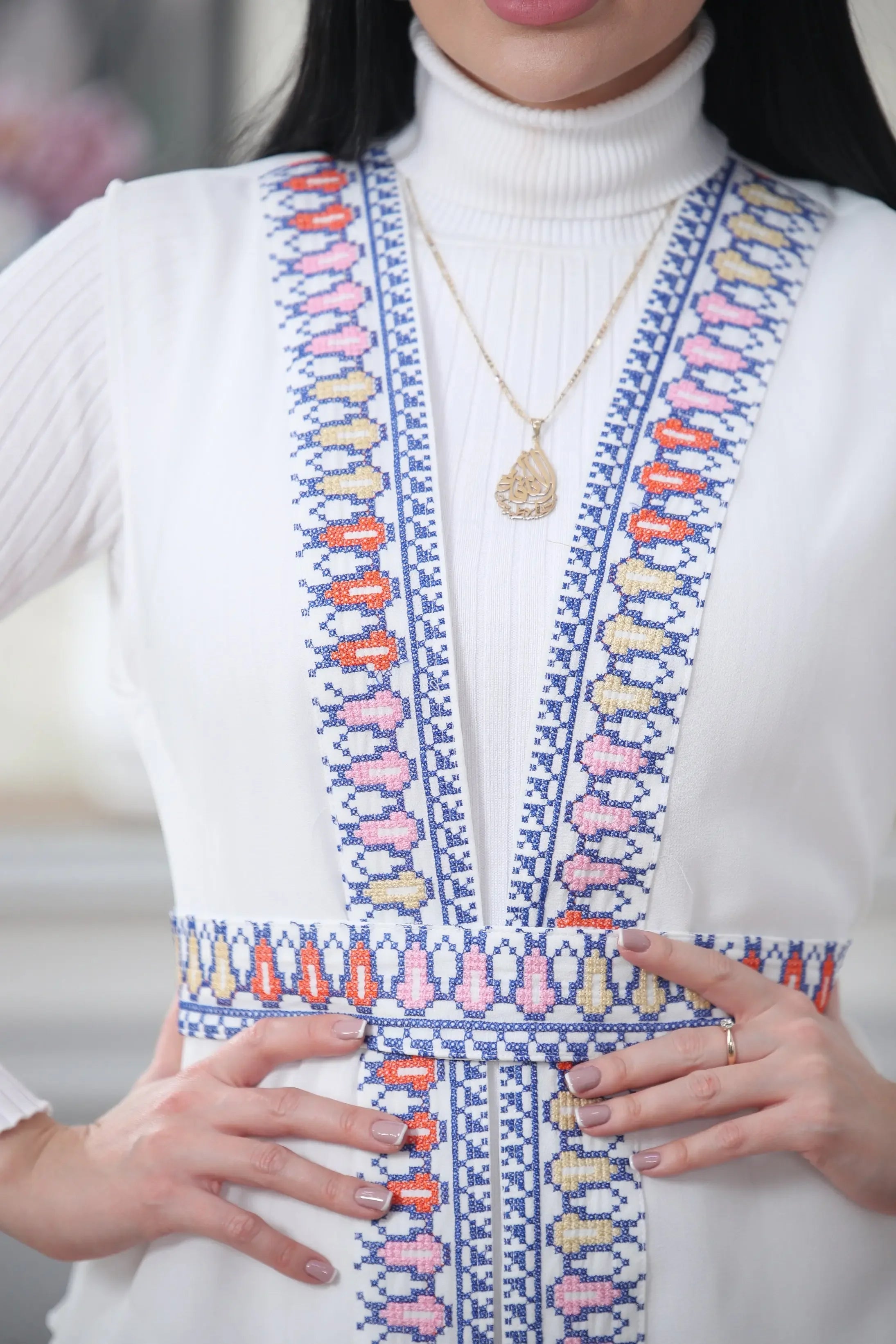 White Chiffon Vest Colorful Embroidered Palestinian Elegance