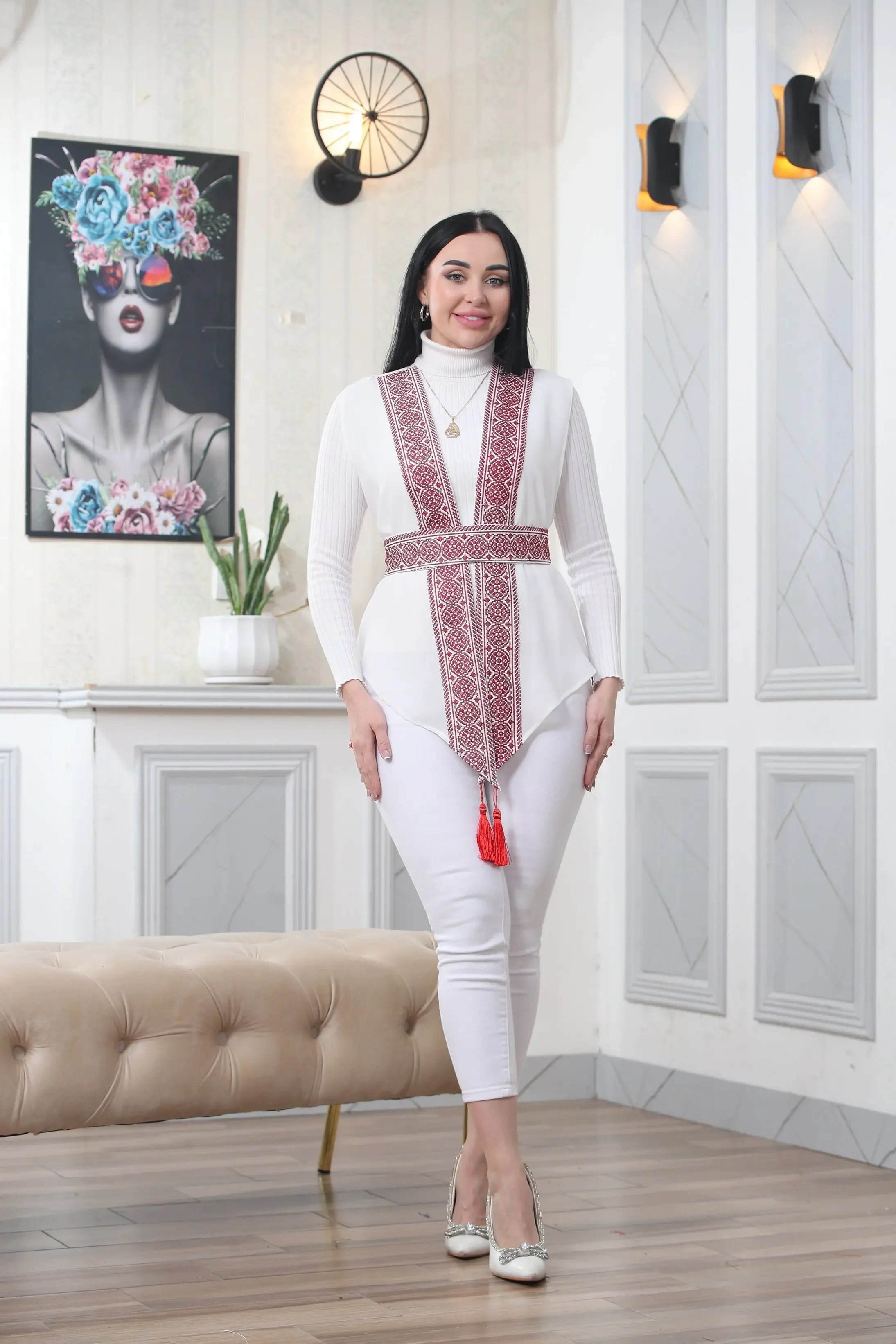 White Chiffon Vest Colorful Embroidered Palestinian Elegance