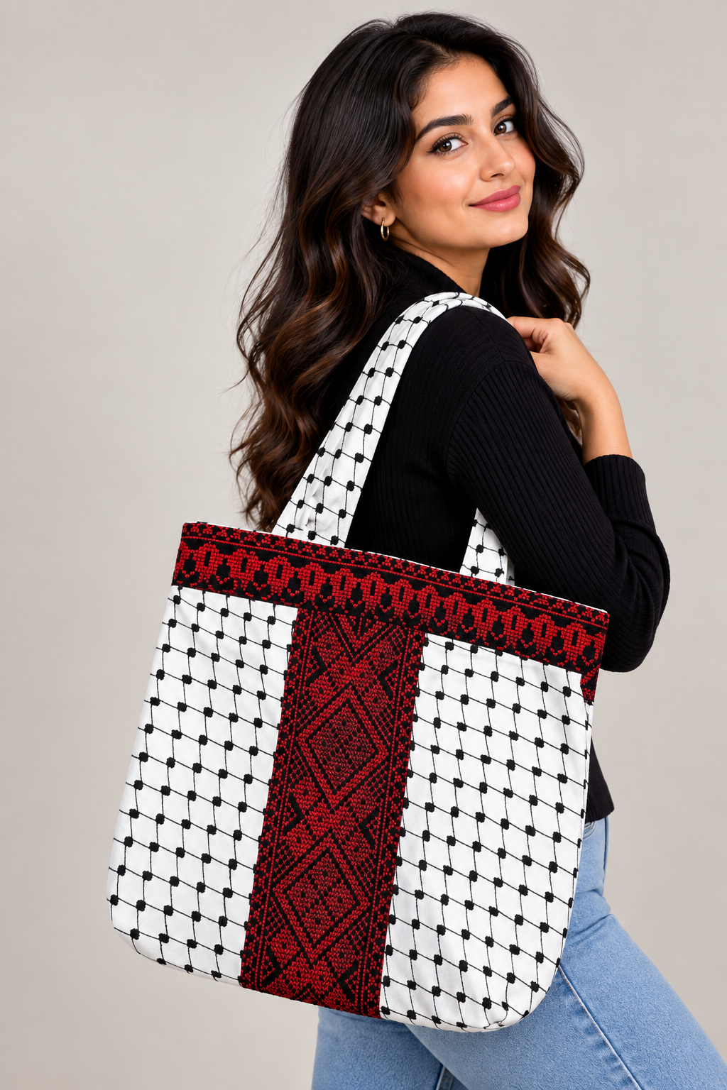 High-Quality Handmade Tatreez Tote Bags with Kufiyah Design: Durable and Spacious