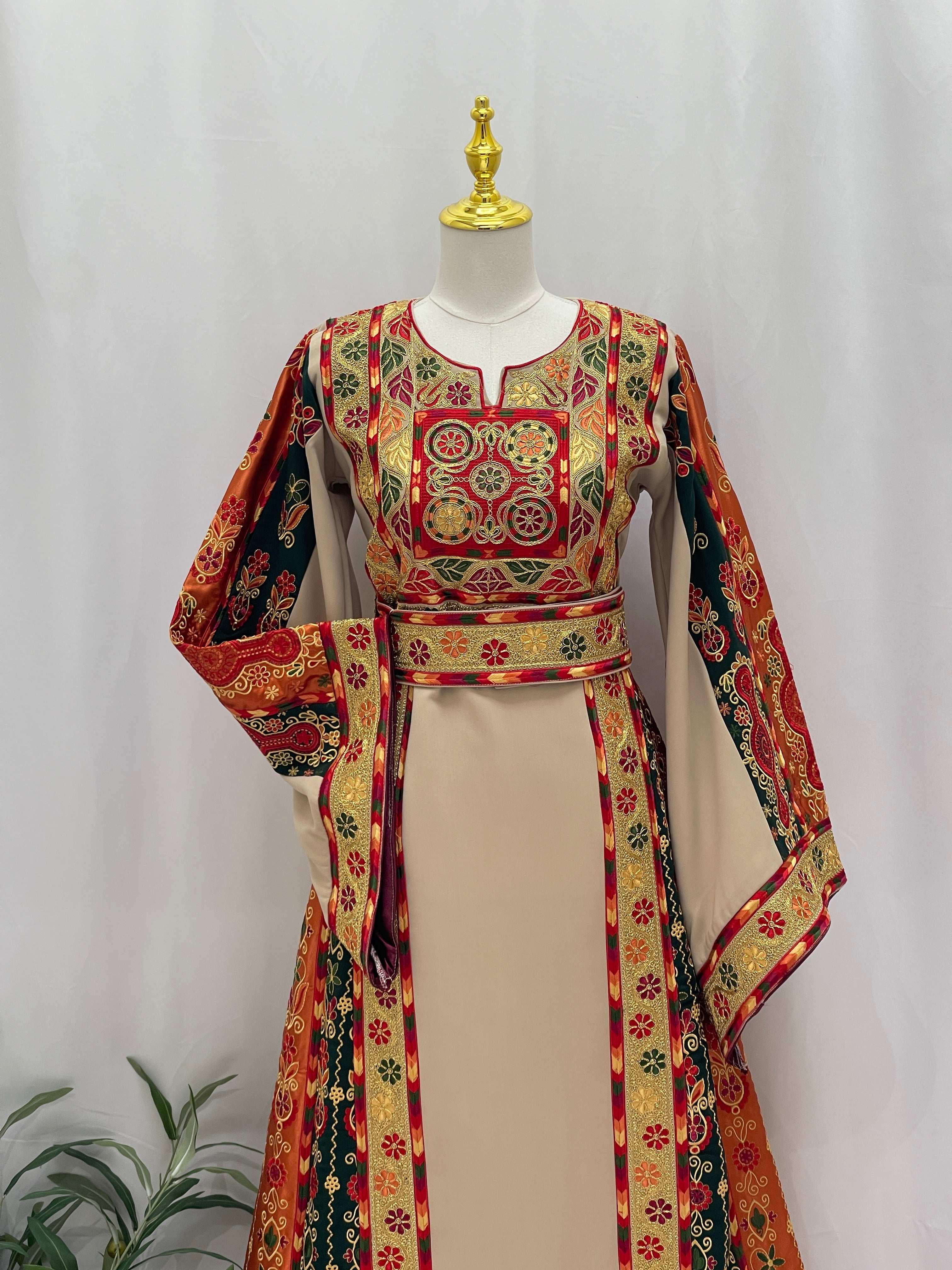 Embroidered Falsteen Kasab Malaka traditional dress by Palestinian Elegance with intricate red and gold patterns
