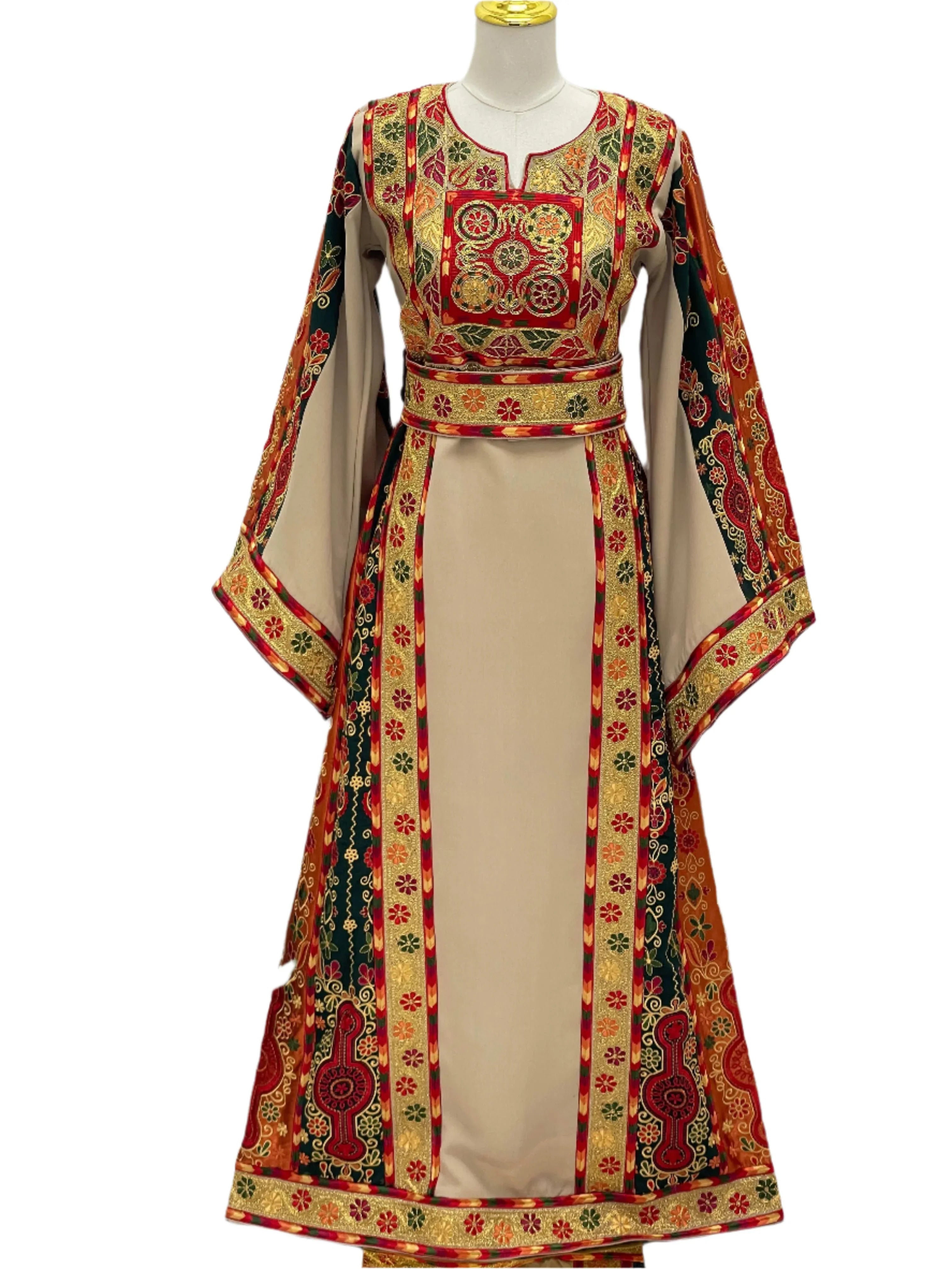 Palestinian Elegance embroidered Falsteen Kasab Malaka dress with intricate red and gold patterns