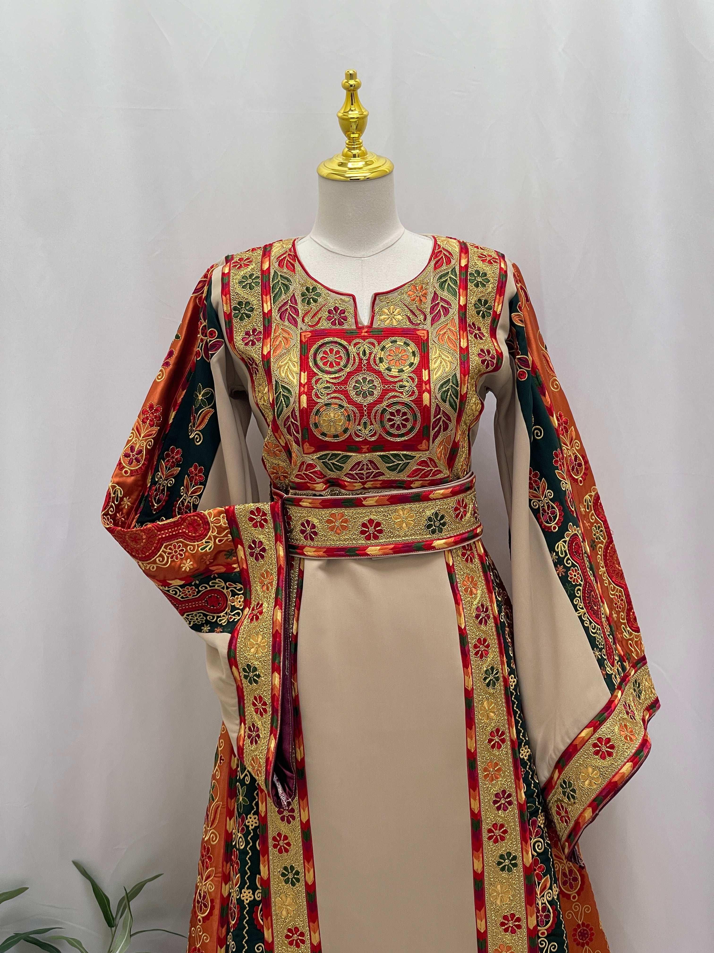 Palestinian Elegance embroidered traditional dress with detailed Falsteen Kasab Malaka patterns
