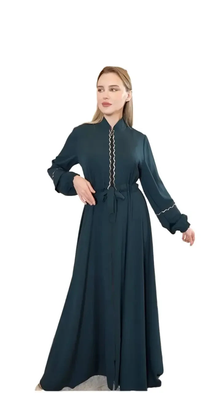 Palestinian Elegance navy fancy abaya dress for women with long sleeves and waist tie detail