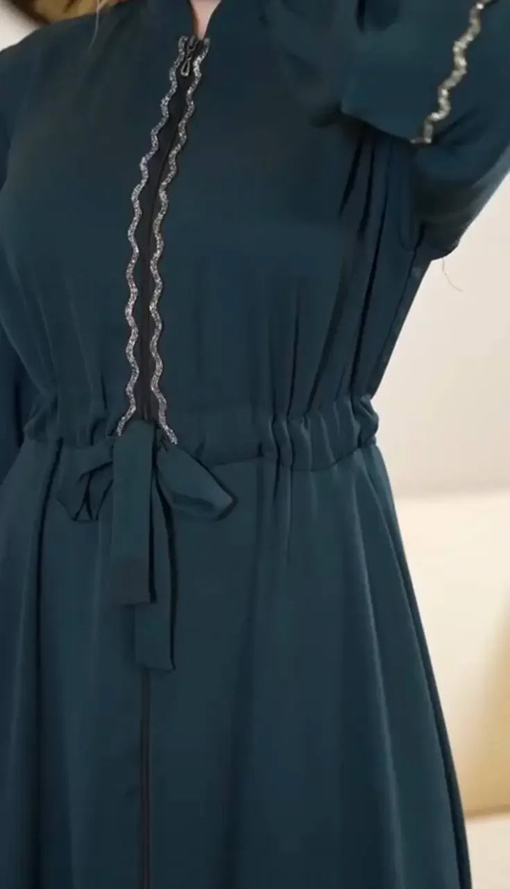 Palestinian Elegance navy abaya with silver trim and waist tie fancy abaya dress for women
