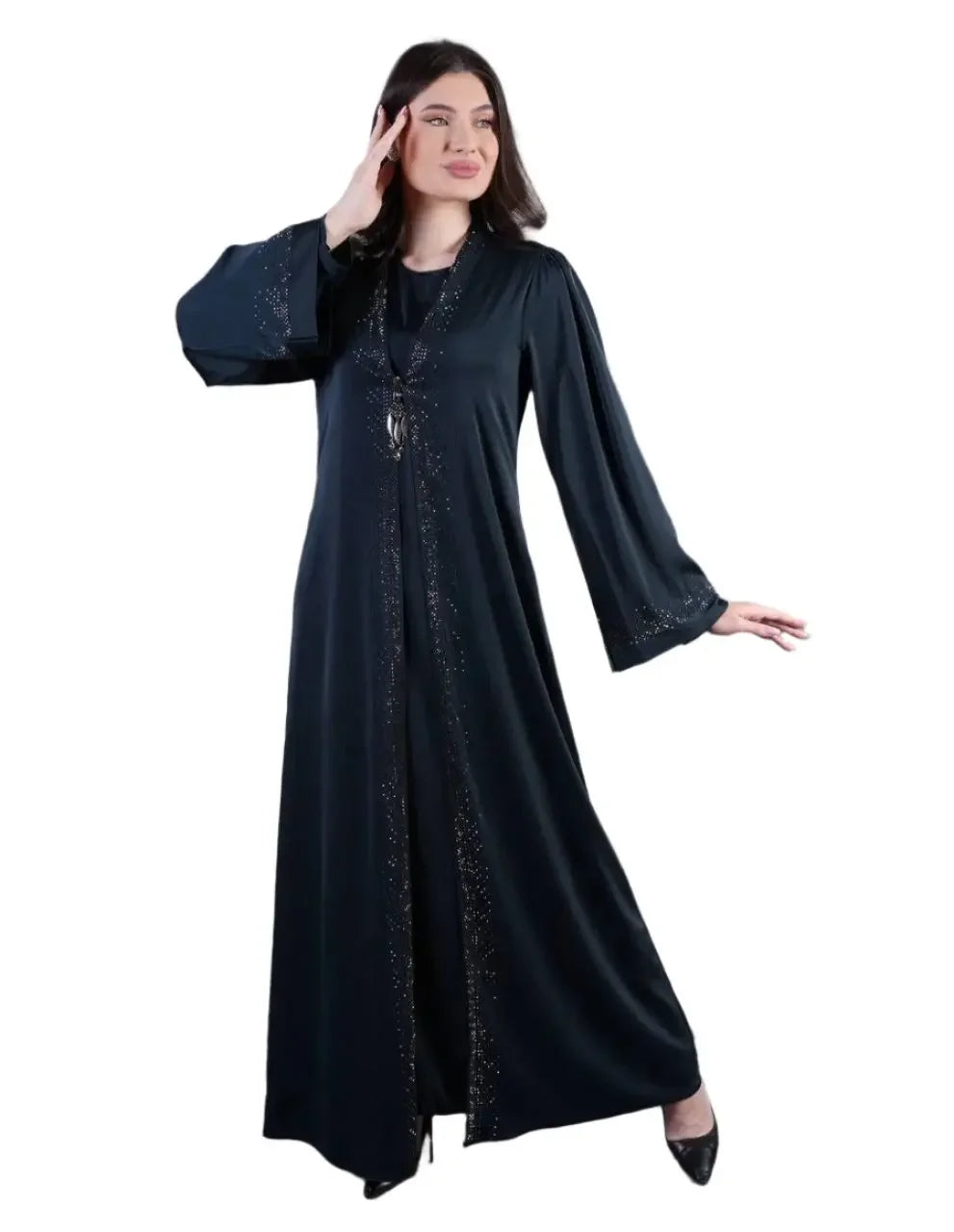 Palestinian Elegance black fancy abaya for occasions with elegant detailing and flowing sleeves