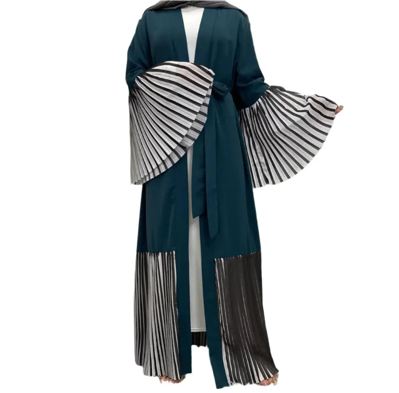 Palestinian Elegance flare sleeve abaya in dark green with striped pleated flare sleeves and hem detailing