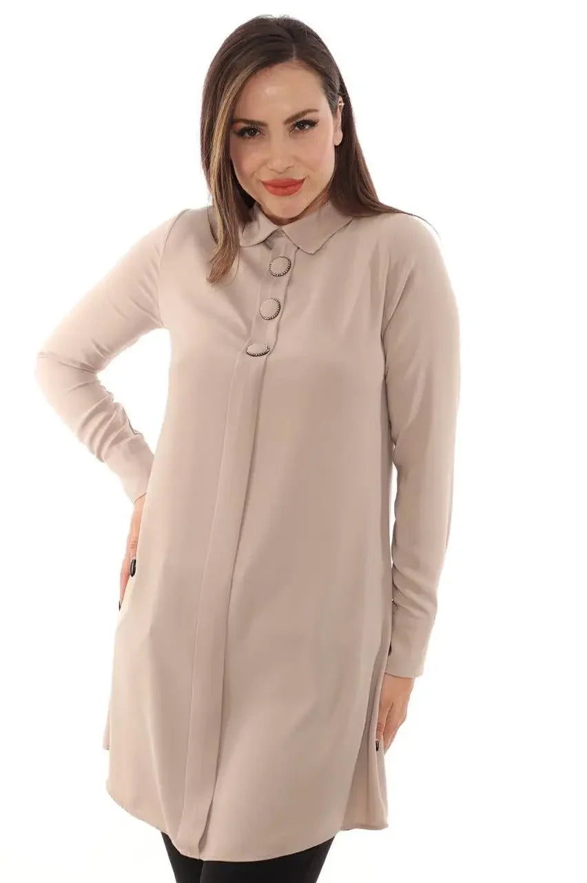 Palestinian Elegance beige formal tunic for women with long sleeves and button collar