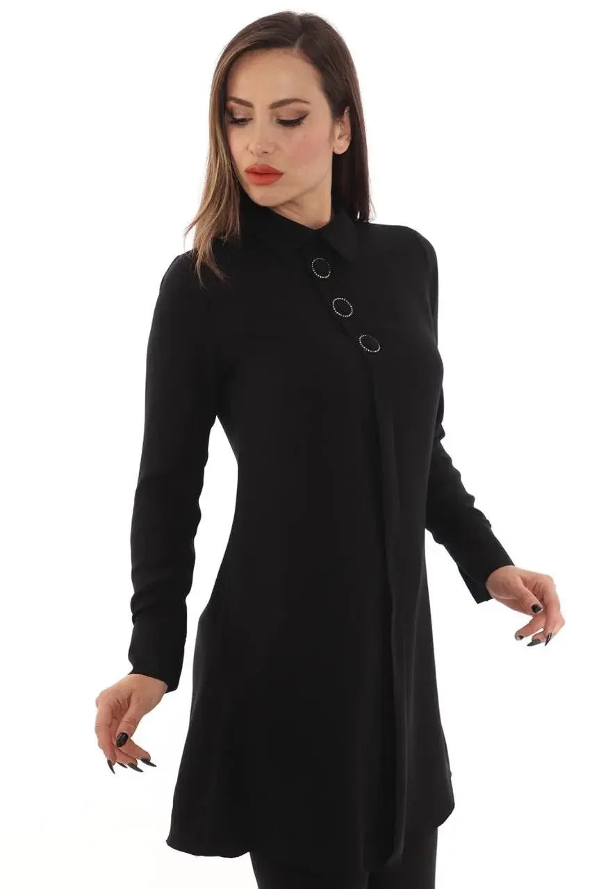 Palestinian Elegance black formal tunic for women with button details and long sleeves