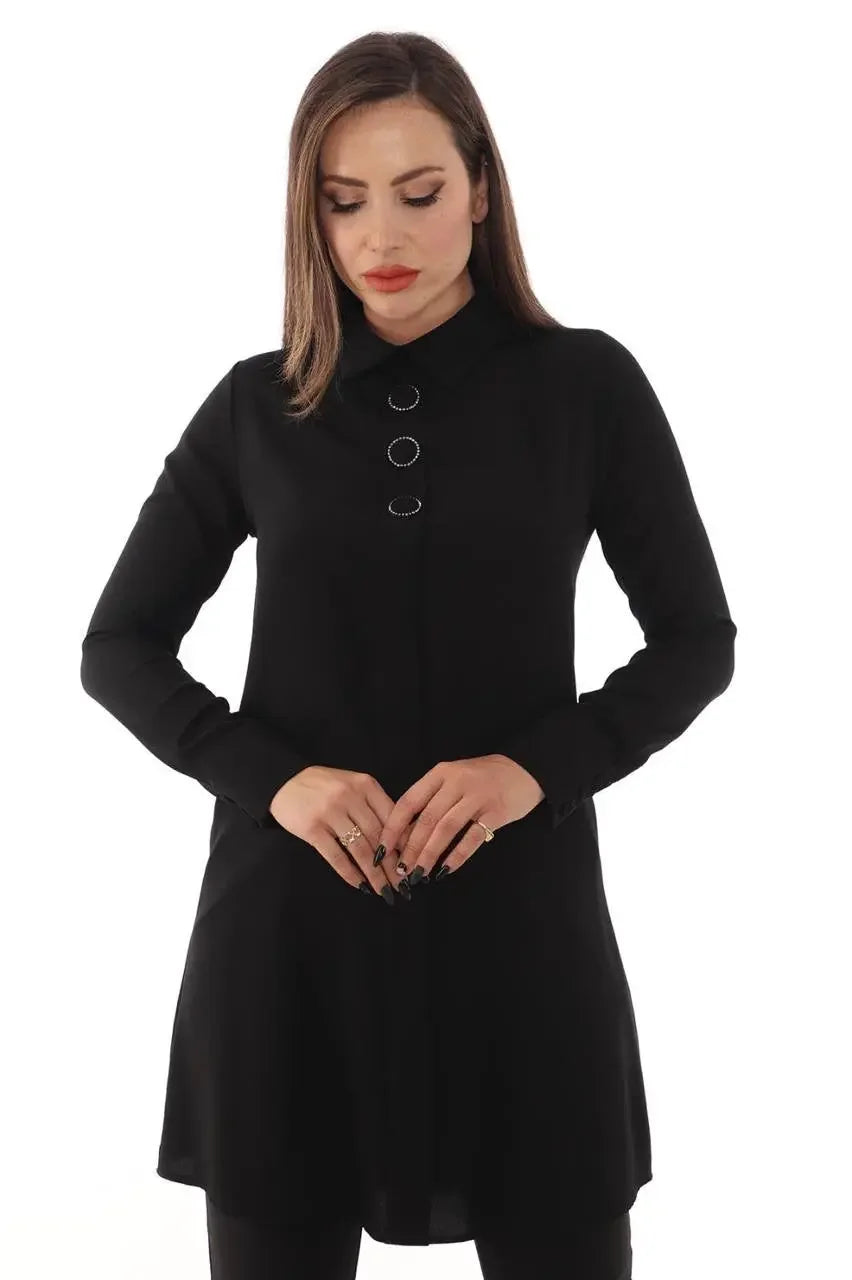 Palestinian Elegance black formal tunic for women with long sleeves and decorative buttons