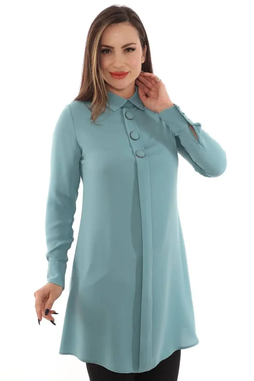 Palestinian Elegance formal tunic for women in light blue with long sleeves and button details