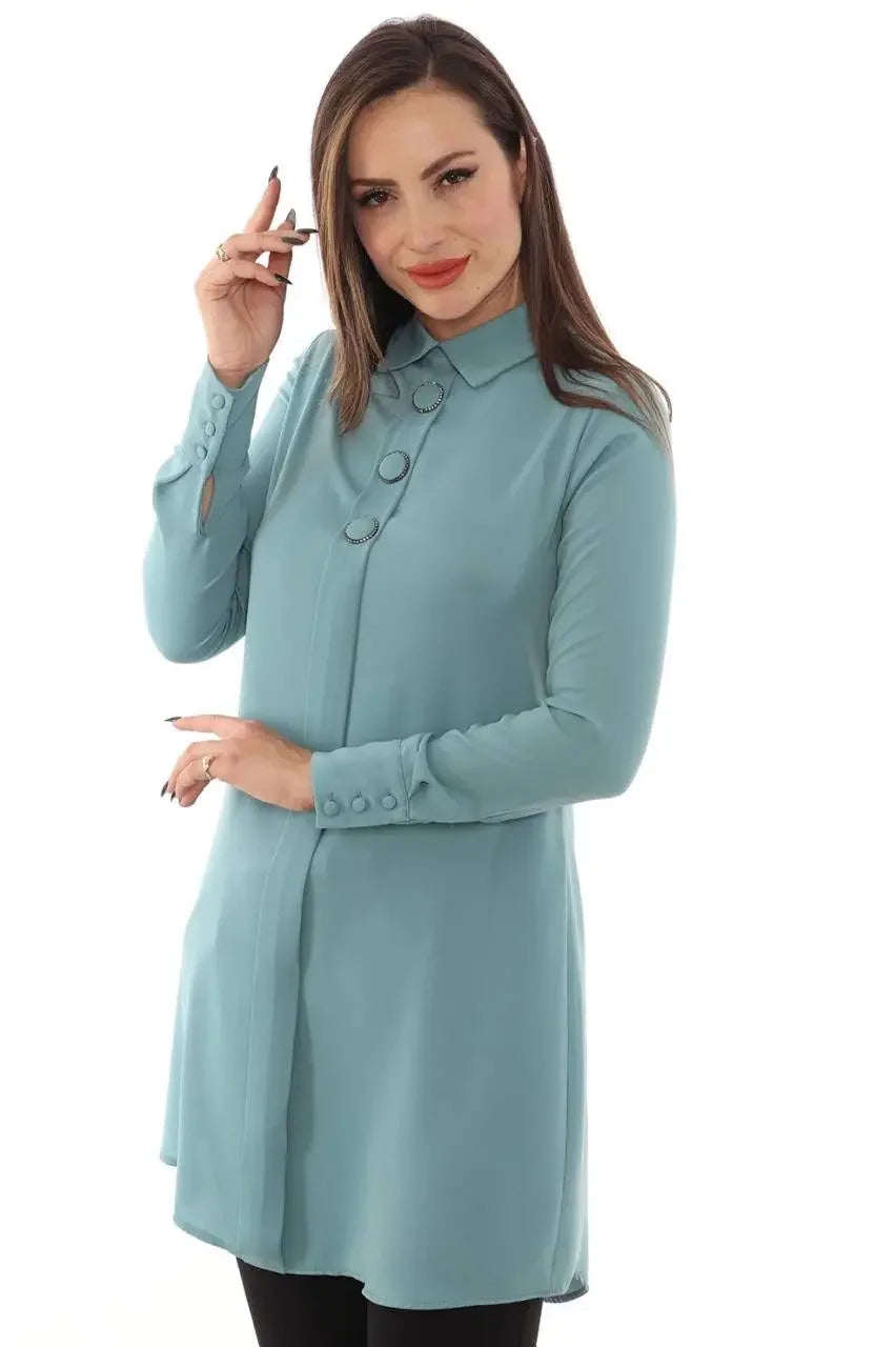 Palestinian Elegance formal tunic for women in light blue with button details and long sleeves