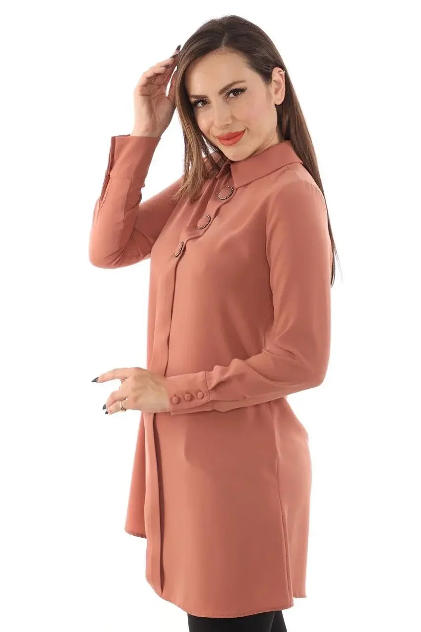 Palestinian Elegance formal tunic for women in rust color with long sleeves and button details