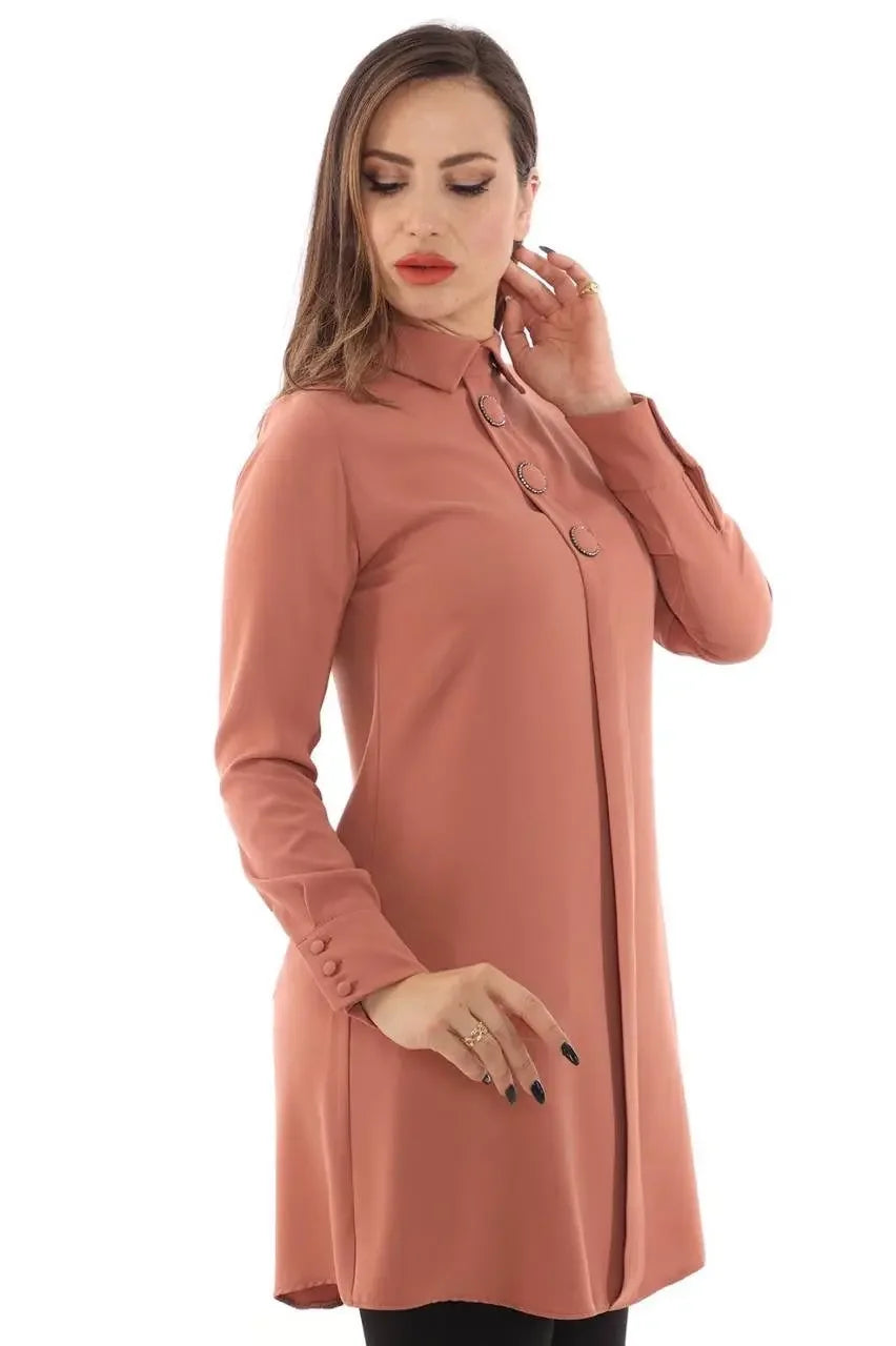 Palestinian Elegance formal tunic for women in dusty rose with long sleeves and button details