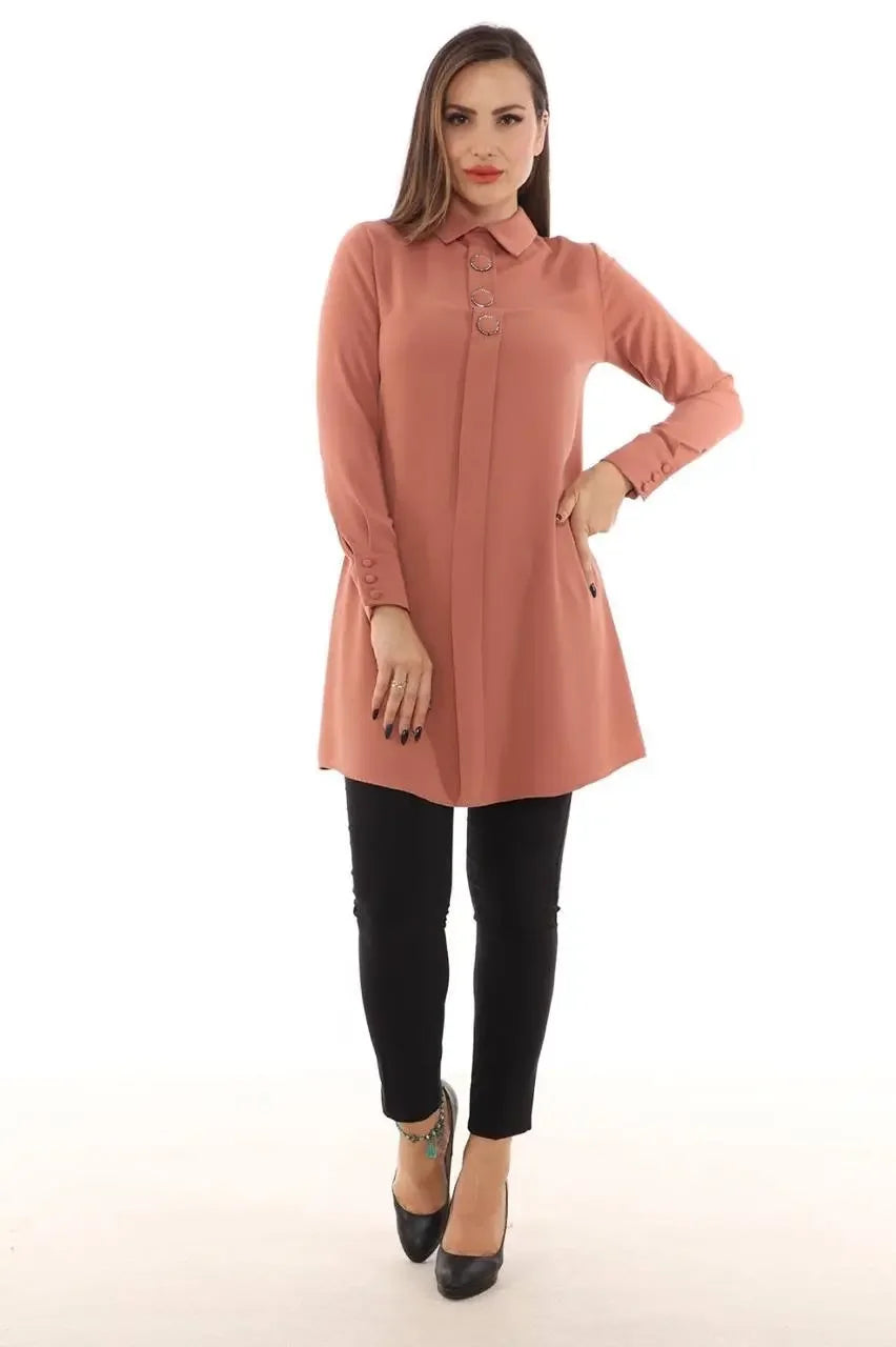 Palestinian Elegance formal tunic for women in dusty rose with button details and black pants