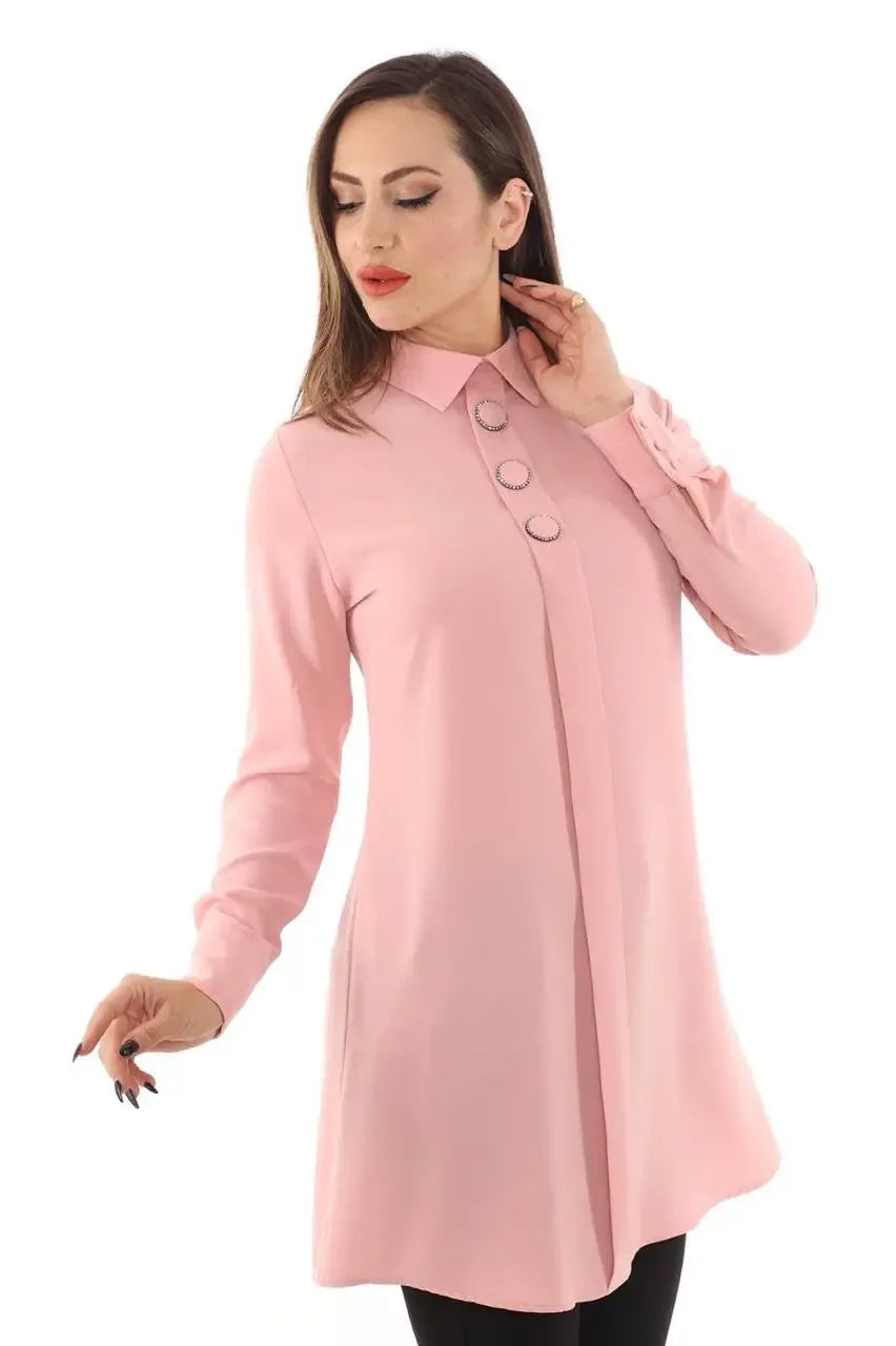 Palestinian Elegance pink formal tunic for women with button details and long sleeves