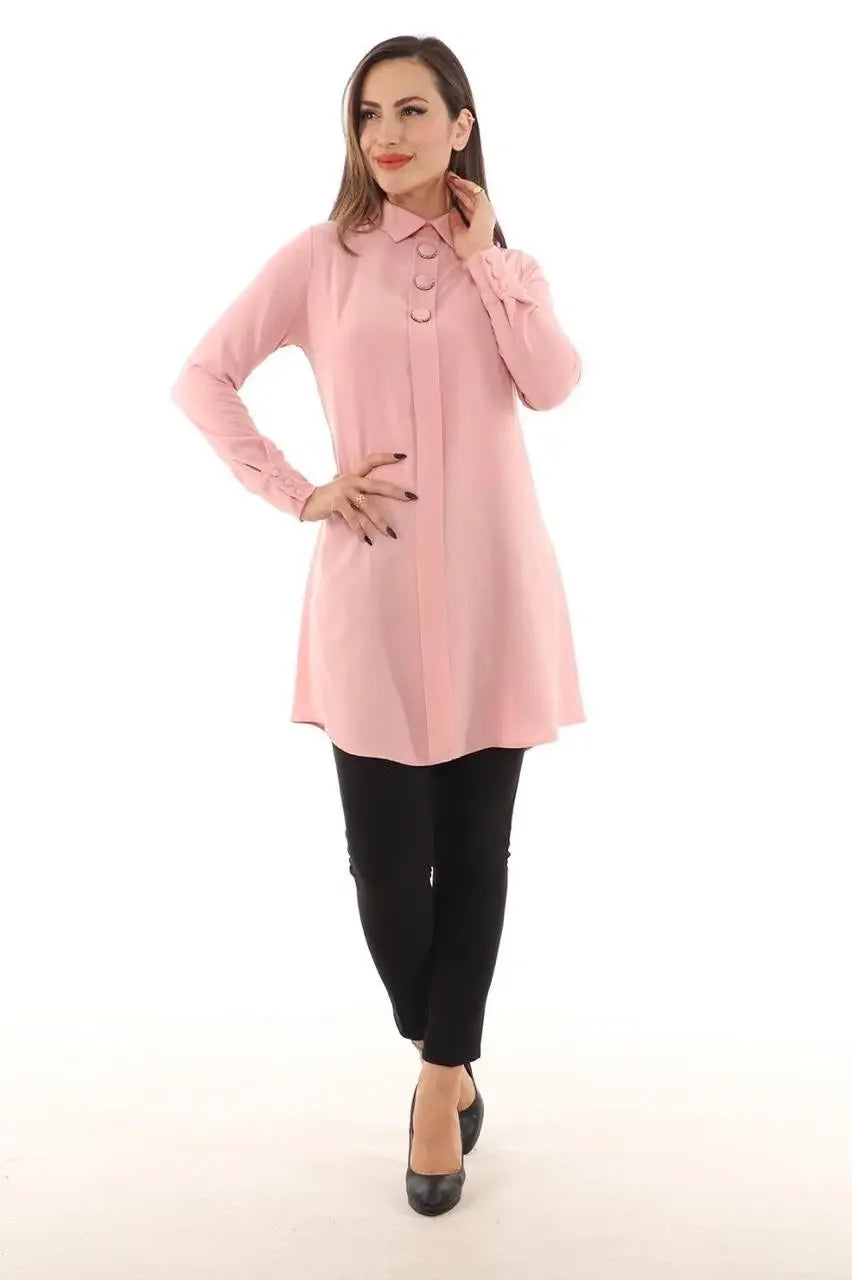 Palestinian Elegance pink formal tunic for women featuring button details and long sleeves