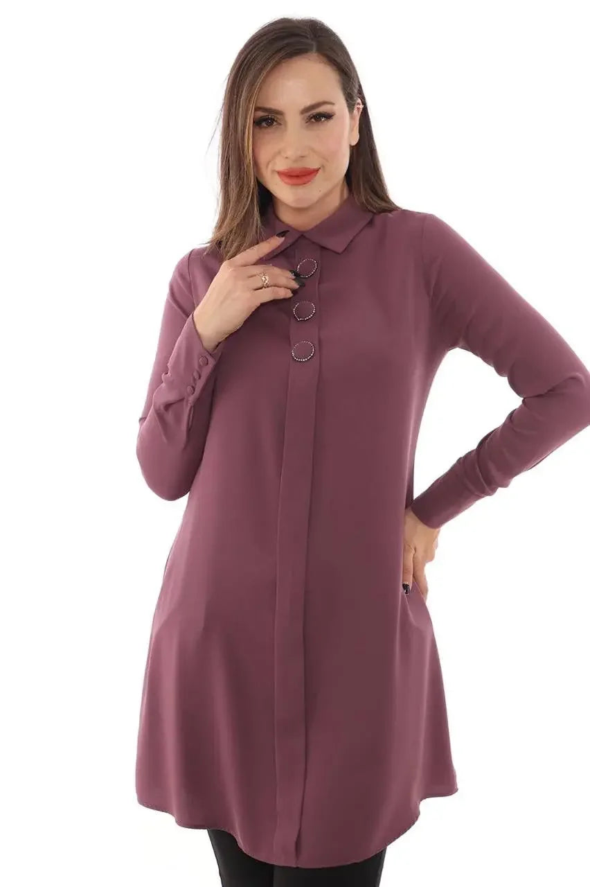 Purple formal tunic for women with long sleeves and button details by Palestinian Elegance