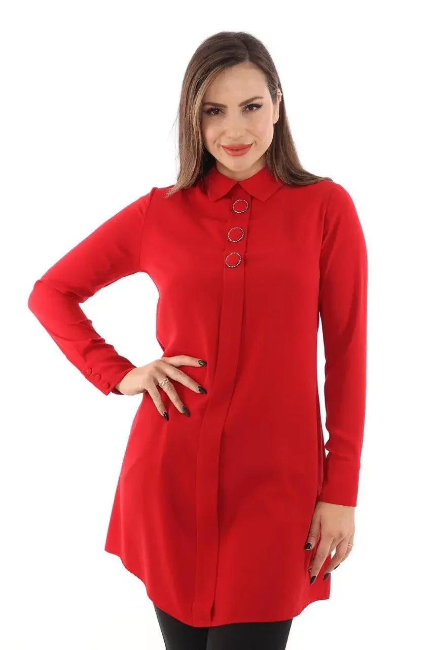 Red formal tunic for women with long sleeves and button details by Palestinian Elegance