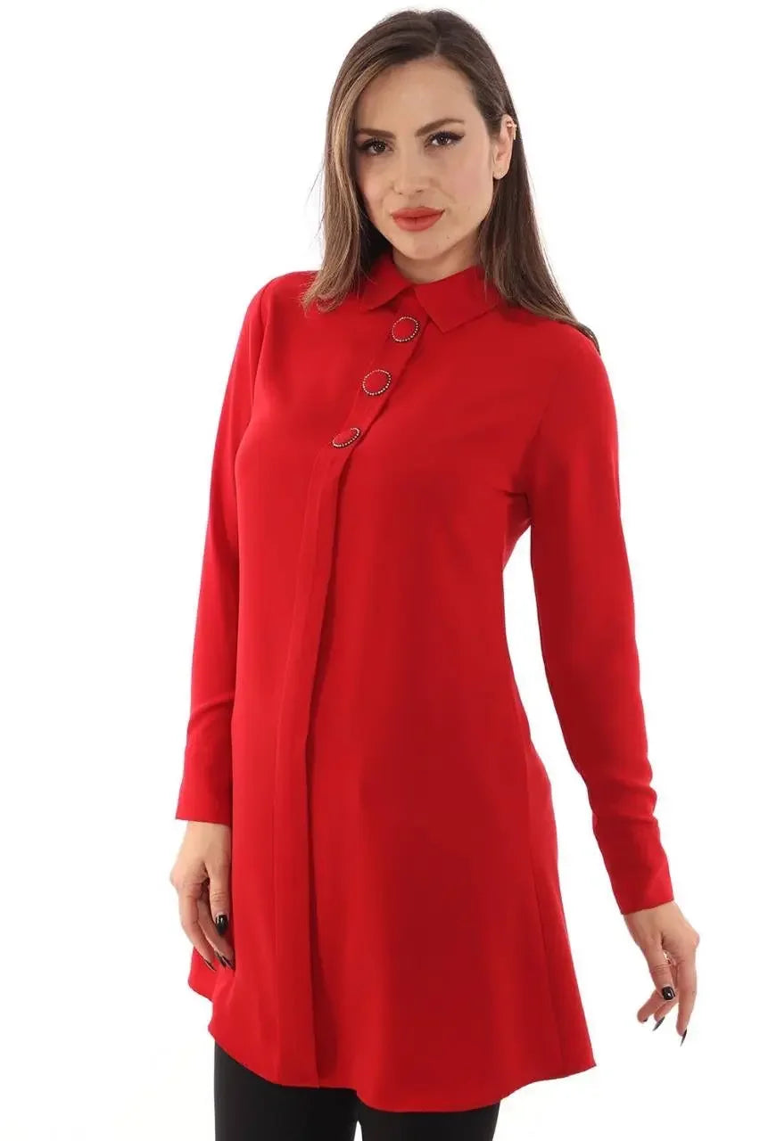 Palestinian Elegance red formal tunic for women with long sleeves and button detail