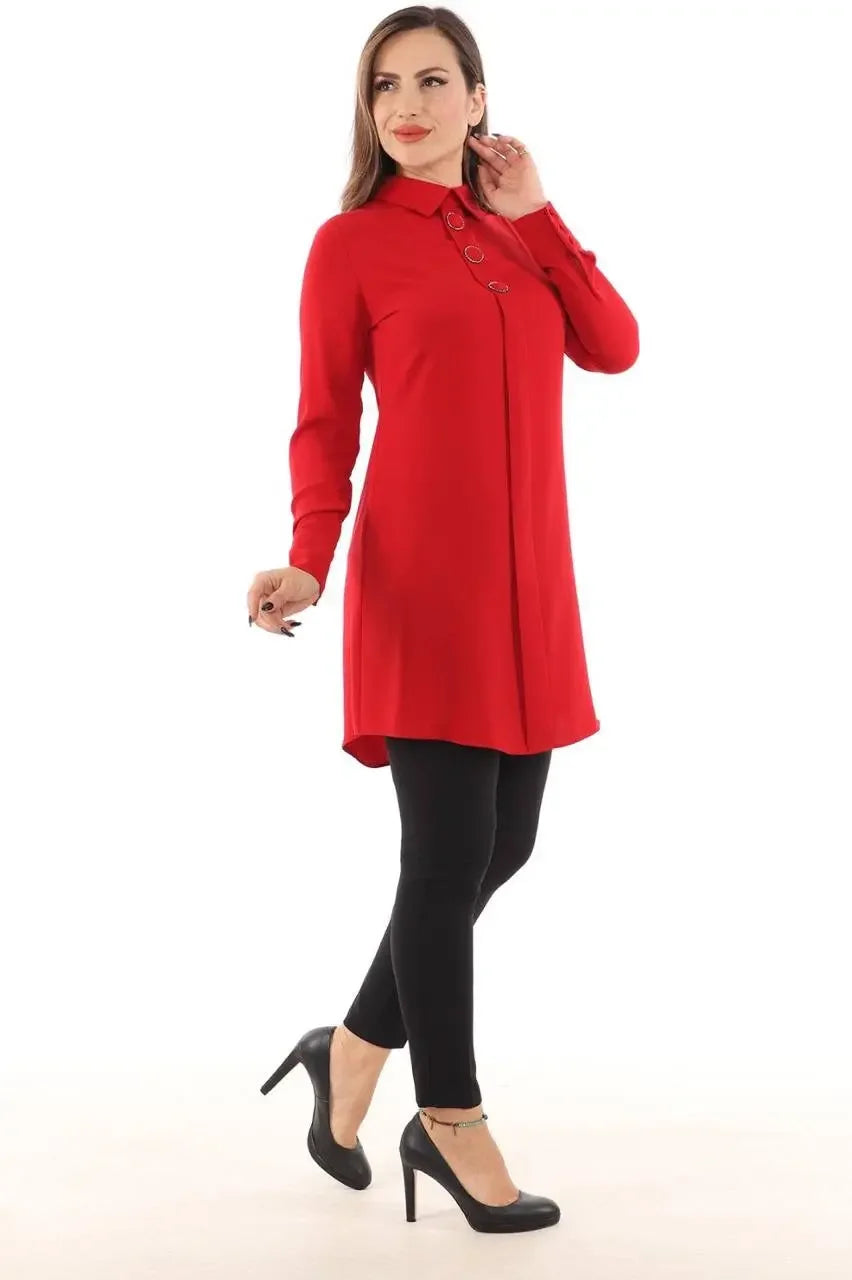 Palestinian Elegance red formal tunic for women styled with black leggings and heels