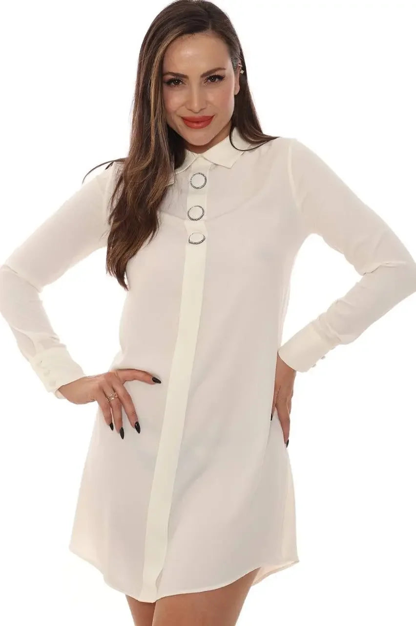 Palestinian Elegance casual formal tunic for women in white with button detail and long sleeves